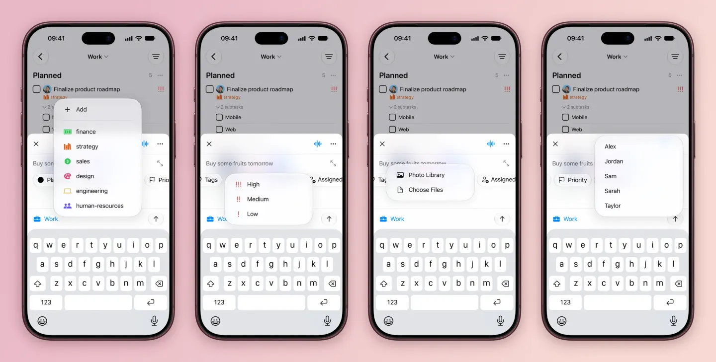 Four iPhone screens of Create Task in Work: the Tags menu with Add, then finance, strategy, sales, design, engineering and human-resources; the Priority menu with High, Medium and Low; the Assets menu with Photo Library and Choose Files; and the Assigned to menu listing Alex, Jordan, Sam, Sarah and Taylor.