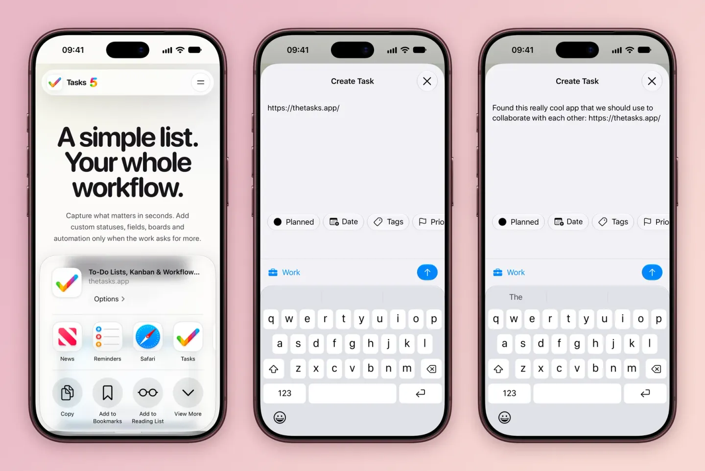 Three iPhone screens: the Safari share sheet for thetasks.app with Tasks next to News, Reminders and Safari; the Tasks Create Task sheet holding the link https://thetasks.app/ with Work as the project; and the same sheet after adding a note before the link: Found this really cool app that we should use to collaborate with each other.