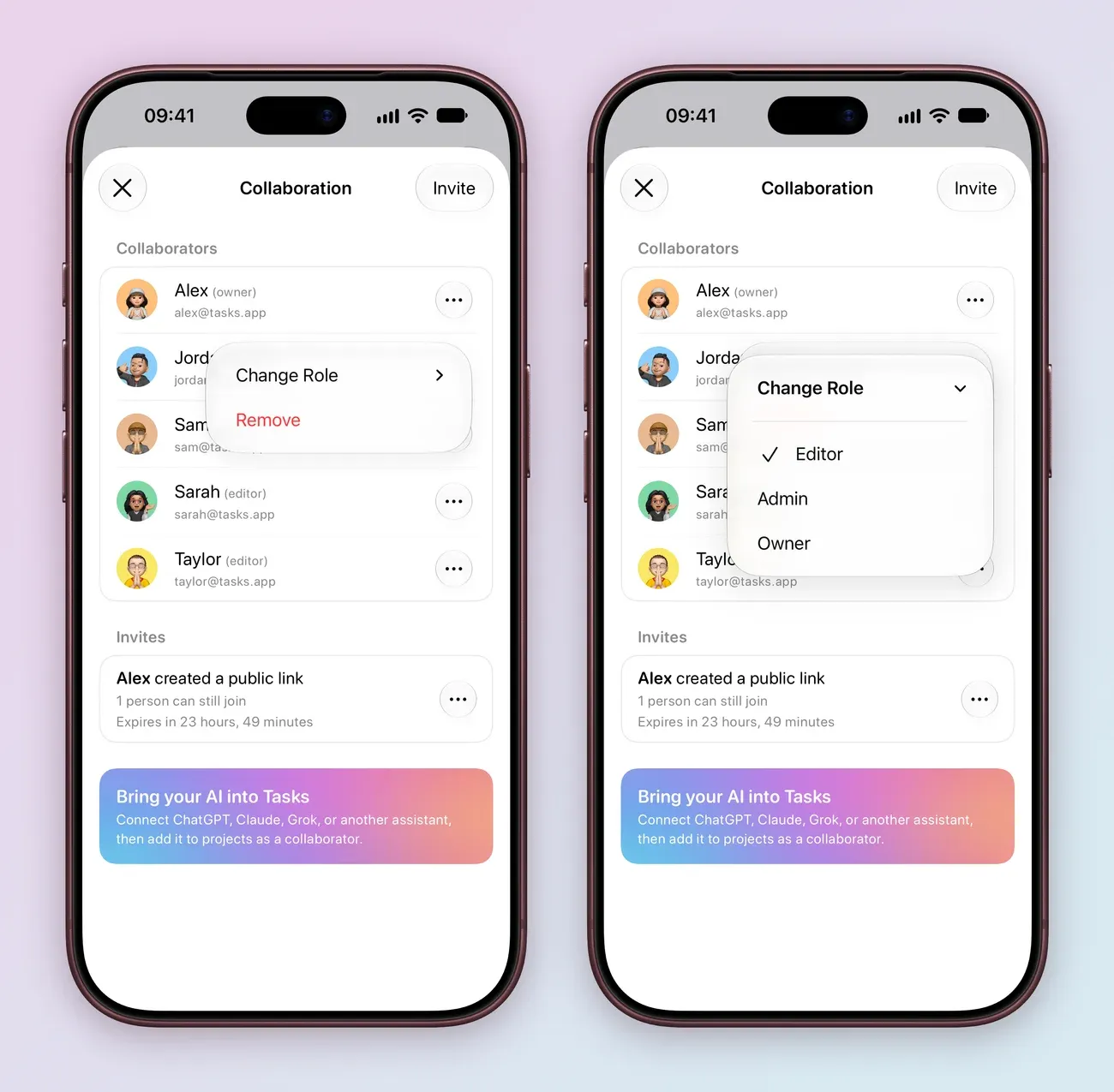 Two iPhone screens: the Collaboration screen for Work with Jordan's menu open on Change Role and Remove; and Change Role expanded, with Editor ticked and Admin and Owner below.