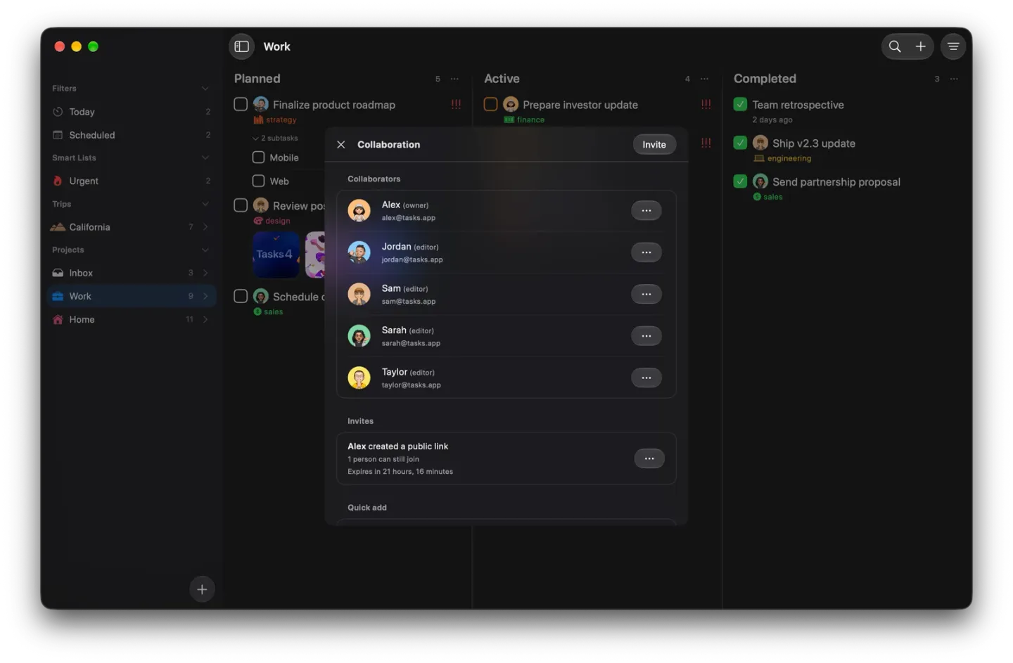 The Collaboration panel on Mac over the Work board, listing Alex as owner and Jordan, Sam, Sarah and Taylor as editors, a public link from Alex under Invites, and the start of Quick add.