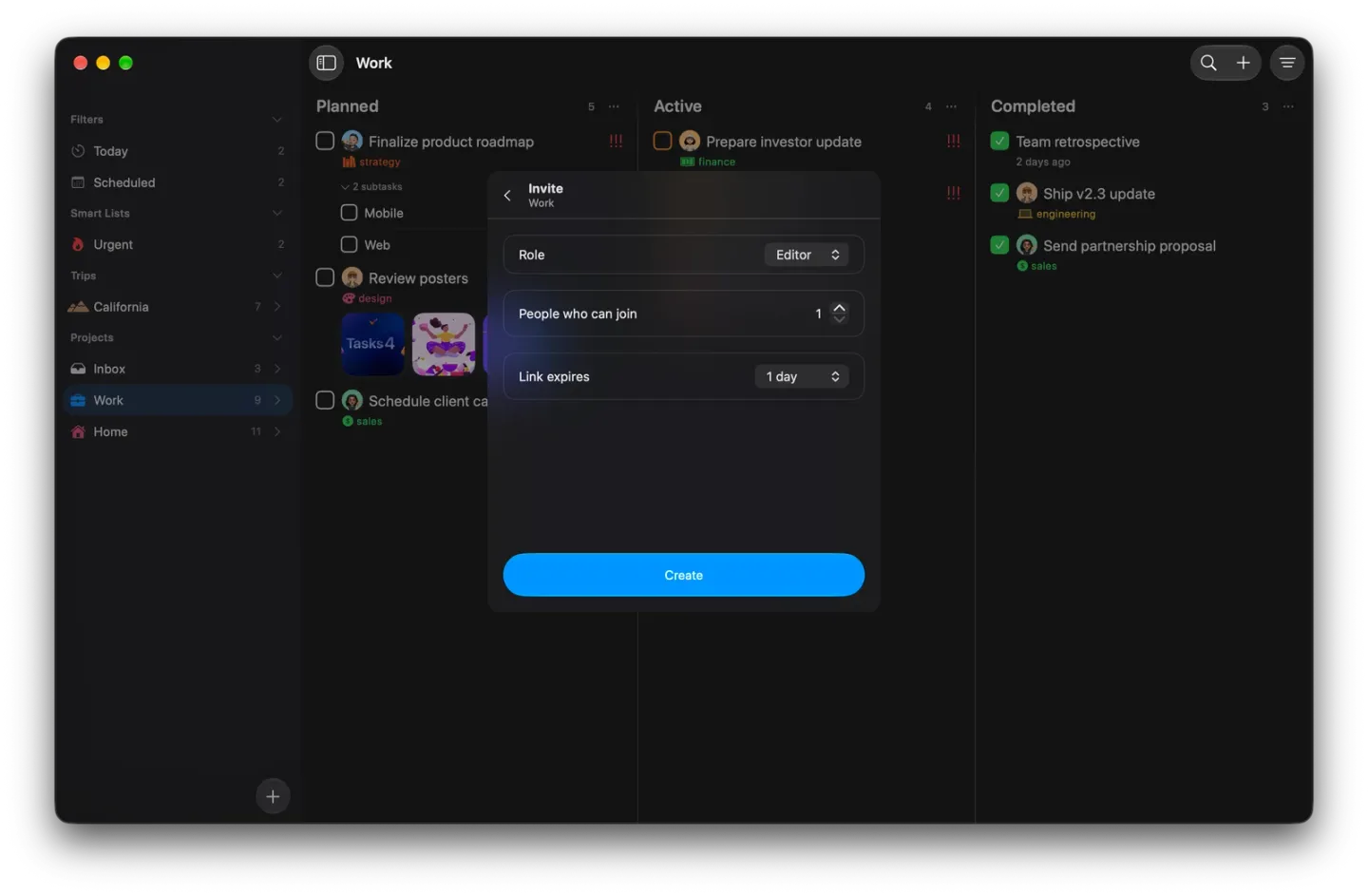 The Invite panel for Work on Mac with Role set to Editor, People who can join set to 1, Link expires set to 1 day, and a Create button.