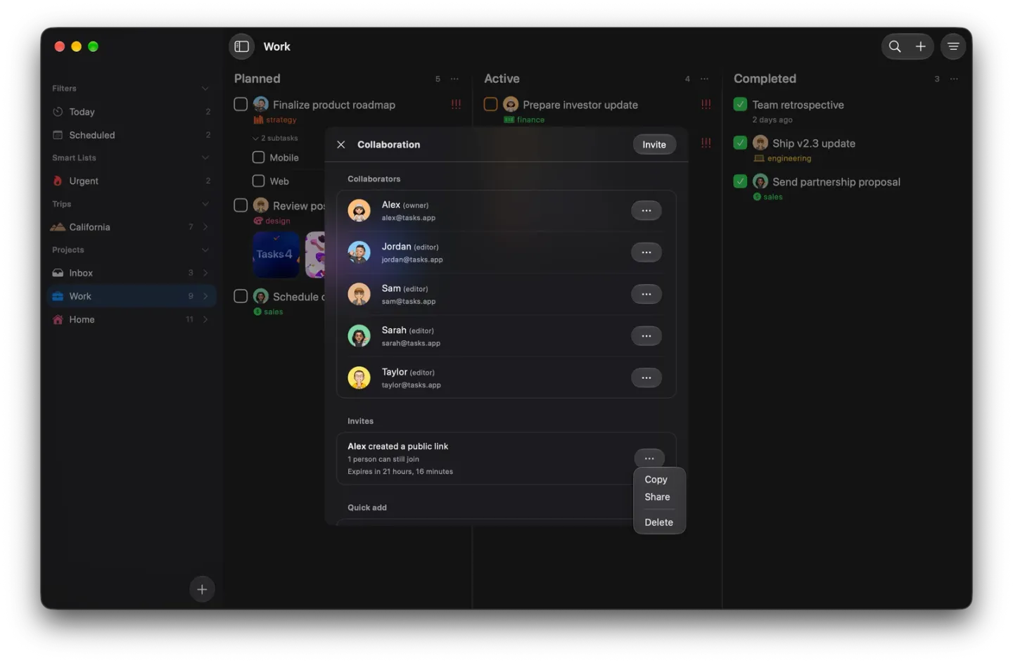 The Collaboration panel on Mac with the menu for Alex's public link open, offering Copy, Share and Delete.