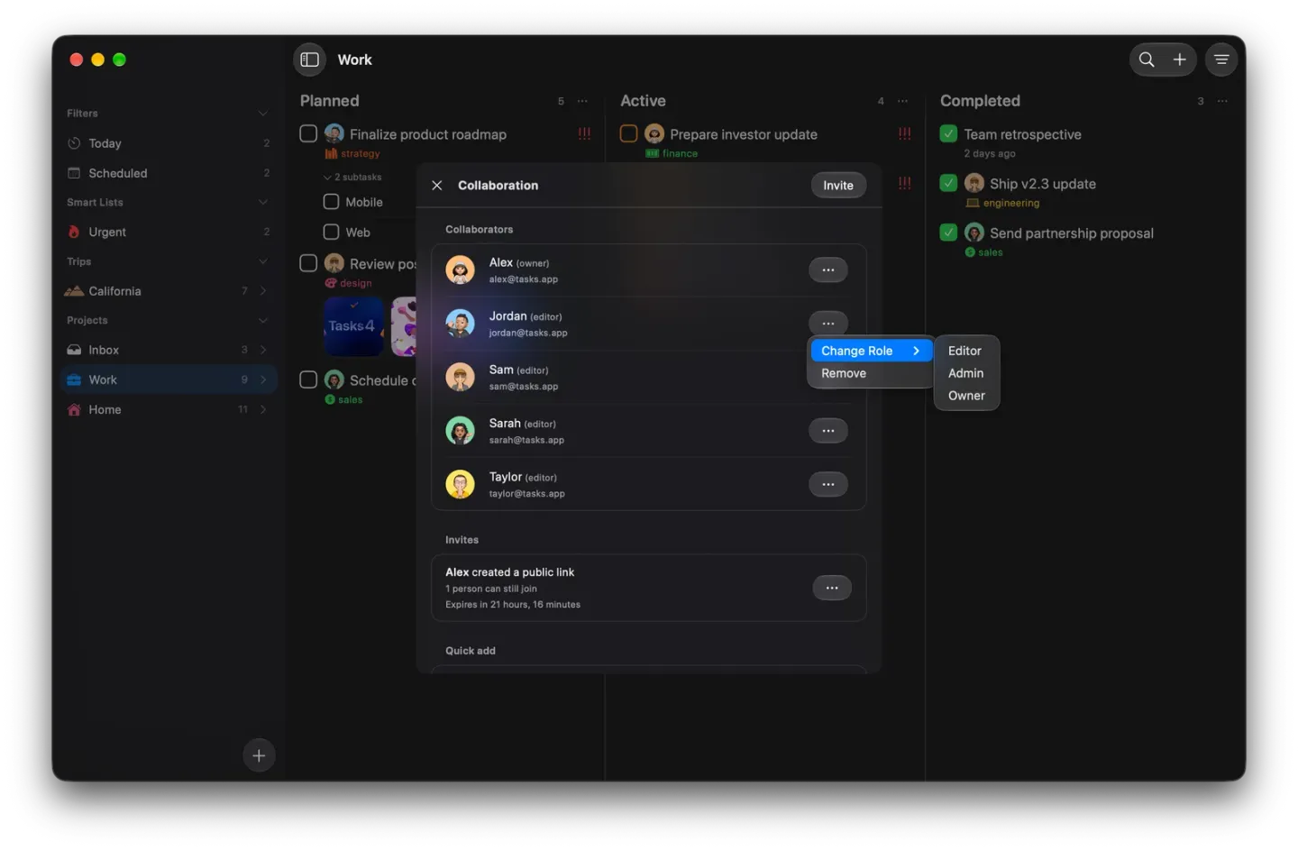 The Collaboration panel on Mac with Jordan's menu open on Change Role, showing Editor, Admin and Owner, and Remove below.