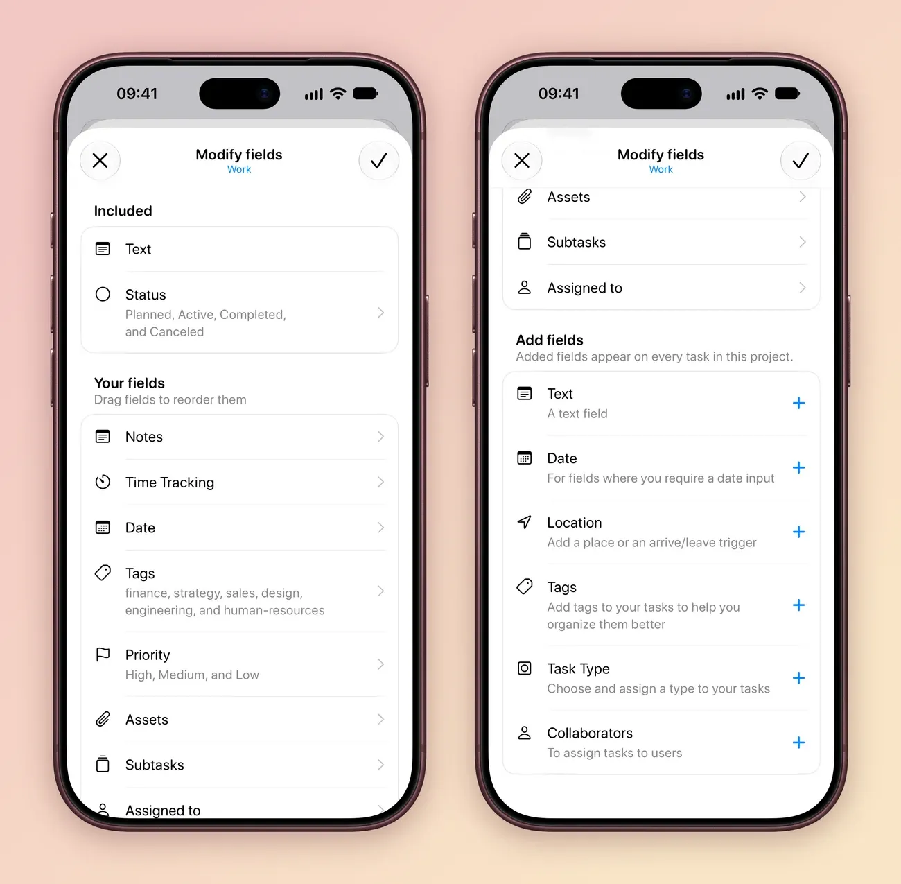 Two iPhone screens: Modify fields for Work with Text and Status (Planned, Active, Completed, and Canceled) included, and Your fields listing Notes, Time Tracking, Date, Tags, Priority (High, Medium, and Low), Assets, Subtasks and Assigned to; and the list scrolled to Add fields, offering Text, Date, Location, Tags, Task Type and Collaborators.