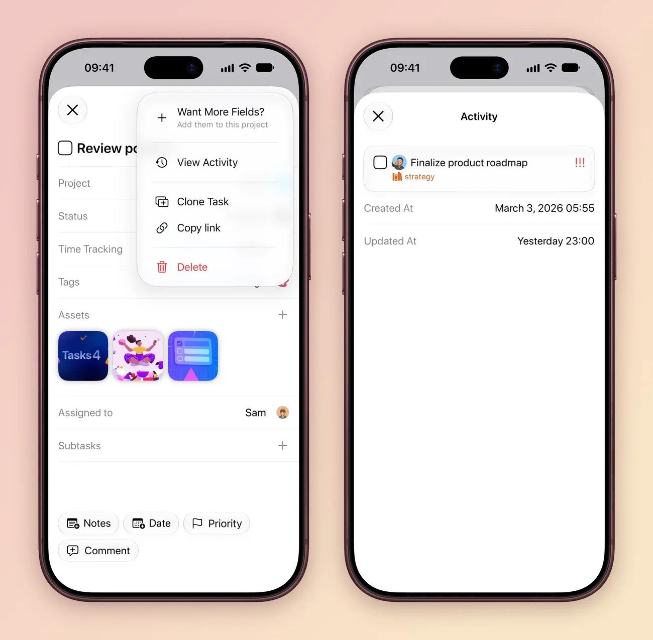 Two iPhone screens: the … menu on Review posters with Want More Fields? (Add them to this project), View Activity, Clone Task, Copy link and Delete; and Activity for Finalize product roadmap, created March 3, 2026 05:55 and updated Yesterday 23:00.