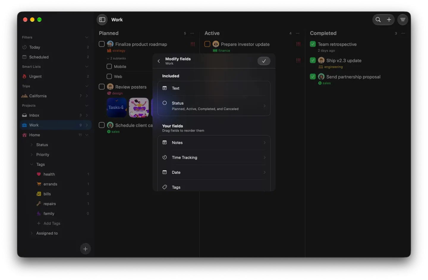 Modify fields for Work open over the board on Mac, with Text and Status (Planned, Active, Completed, and Canceled) included, and Your fields starting with Notes, Time Tracking, Date and Tags.