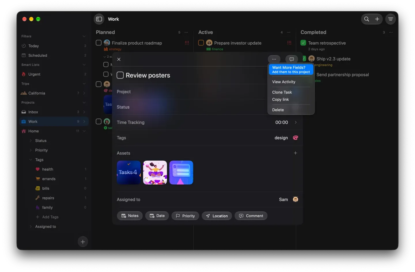 Review posters open in a panel on Mac with the … menu showing Want More Fields? (Add them to this project), View Activity, Clone Task, Copy link and Delete.