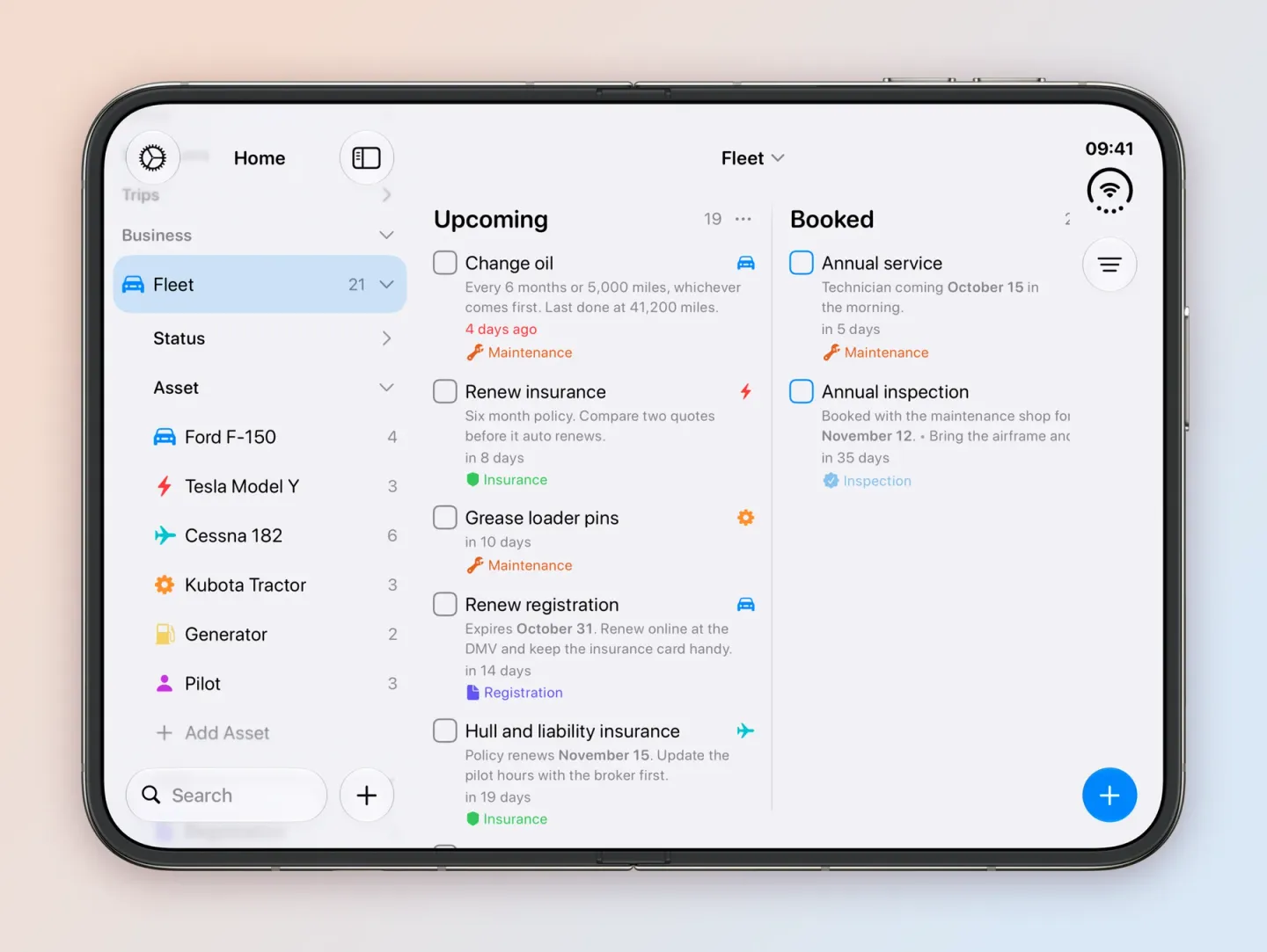 Tasks on an unfolded iPhone Duo. The Home sidebar shows Fleet with 21 tasks, expanded to Status and Asset, with Ford F-150 4, Tesla Model Y 3, Cessna 182 6, Kubota Tractor 3, Generator 2 and Pilot 3. The Fleet board shows the Upcoming column with Change oil 4 days ago, noted Every 6 months or 5,000 miles, whichever comes first, then Renew insurance in 8 days, Grease loader pins in 10 days, Renew registration in 14 days and Hull and liability insurance in 19 days, and the Booked column with Annual service in 5 days and Annual inspection in 35 days, each with the start of its notes and its tag.