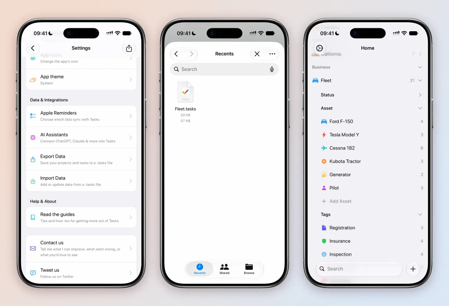 Three iPhone screens: Tasks Settings with Apple Reminders, AI Assistants, Export Data and Import Data, Add or update data from a .tasks file, under Data and Integrations; the file picker on Recents with Fleet.tasks, 57 KB; and the Home screen after the import with Fleet, 21 tasks, expanded to its Asset group, listing Ford F-150, Tesla Model Y, Cessna 182, Kubota Tractor, Generator and Pilot, and its Tags group starting with Registration, Insurance and Inspection.