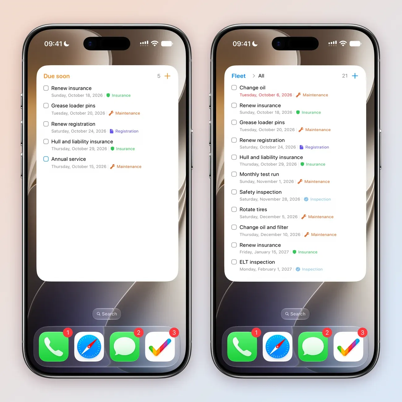 Two iPhone Home Screens with a large Tasks widget. The Due soon widget lists 5 tasks: Renew insurance on Sunday, October 18, Grease loader pins on Tuesday, October 20, Renew registration on Saturday, October 24, Hull and liability insurance on Thursday, October 29, and Annual service on Thursday, October 15, each with its tag. The Fleet widget, showing All with 21 tasks, starts with Change oil on Tuesday, October 6 in red, then Renew insurance, Grease loader pins, Renew registration, Hull and liability insurance, Monthly test run, Safety inspection, Rotate tires, Change oil and filter, Renew insurance and ELT inspection.