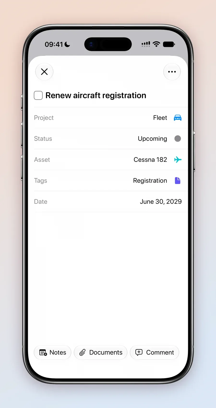 The Renew aircraft registration task in Fleet on iPhone, with Status Upcoming, Asset Cessna 182, Tags Registration and Date June 30, 2029, above Notes, Documents and Comment buttons.