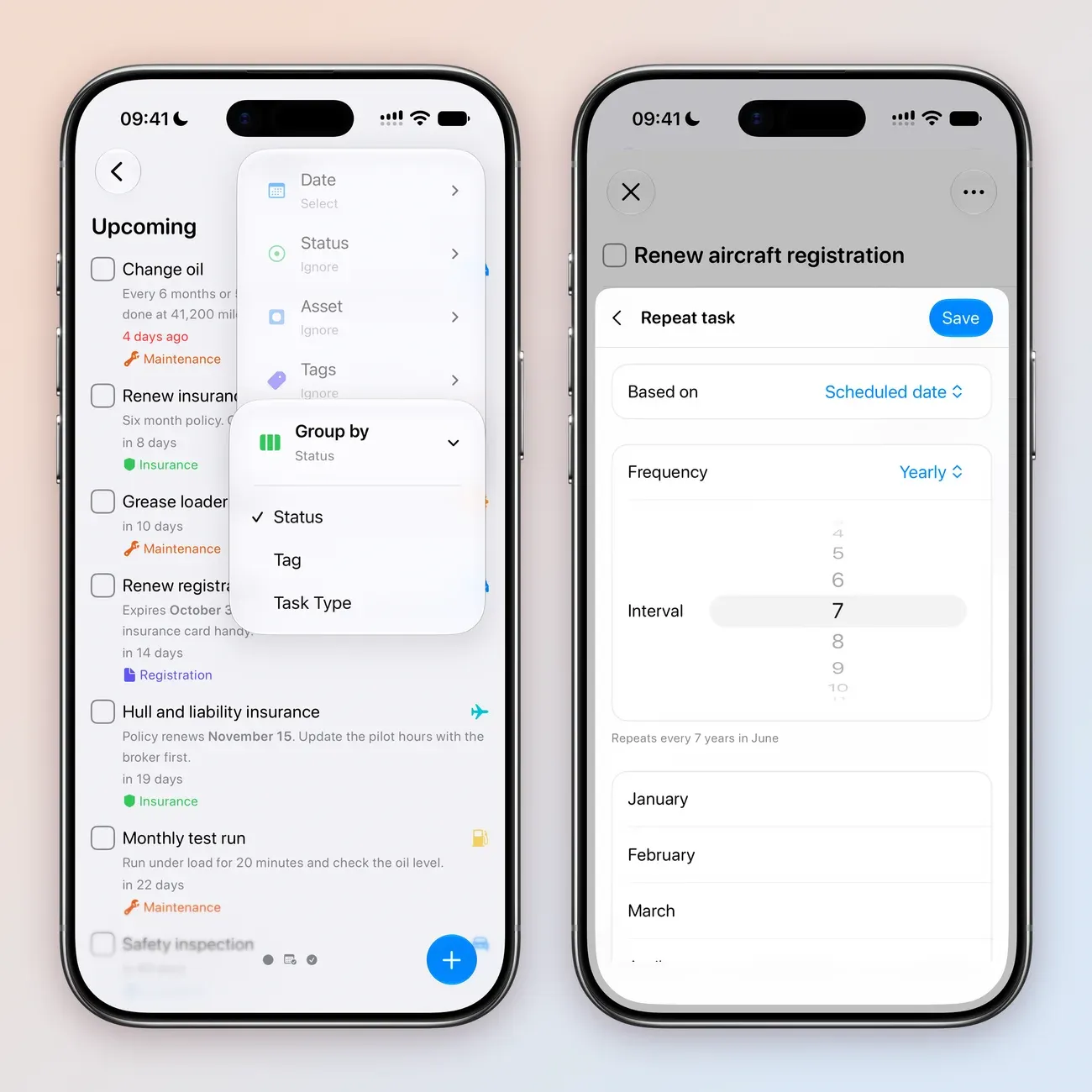 Two iPhone screens for Renew aircraft registration: the date sheet with June 30, 2029 selected, Alert set to Notification, Repeat set to Yearly and the note Repeats every 7 years in June; and Repeat task with Based on Scheduled date, Frequency Yearly and Interval 7, above the list of months.