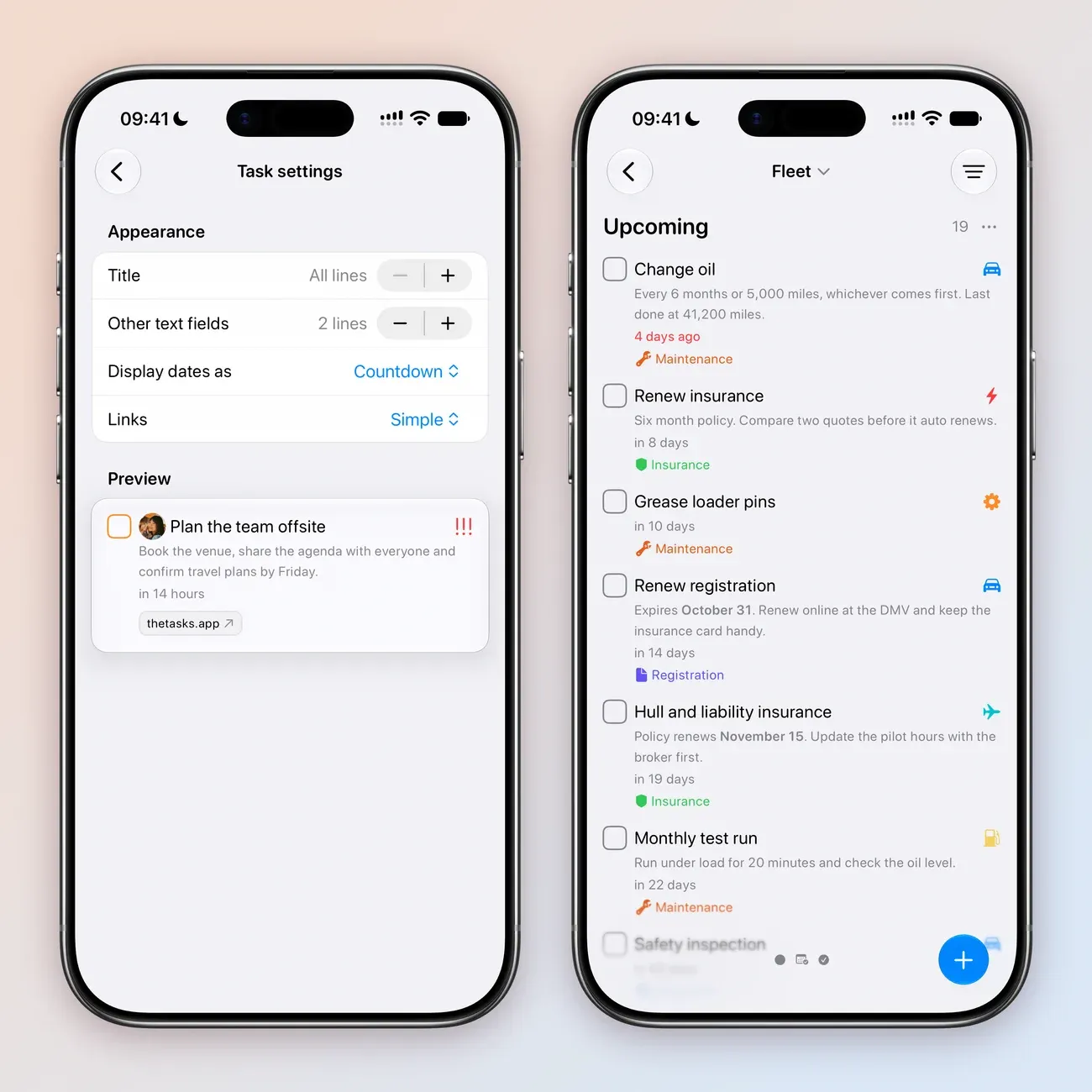 Two iPhone screens: Task settings with Title set to All lines, Other text fields set to 2 lines, Display dates as set to Countdown and Links set to Simple; and the Fleet board's Upcoming column with Change oil 4 days ago in red, then Renew insurance in 8 days, Grease loader pins in 10 days, Renew registration in 14 days, Hull and liability insurance in 19 days and Monthly test run in 22 days, each with the start of its notes.