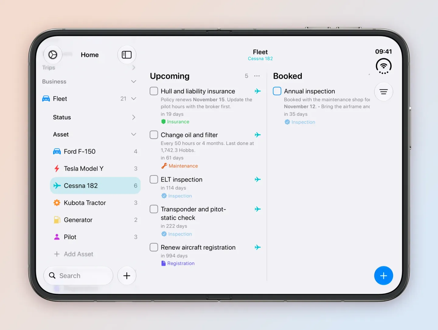 The Home sidebar on an unfolded iPhone Duo with Fleet expanded to its Asset group, listing Ford F-150 4, Tesla Model Y 3, Cessna 182 6, Kubota Tractor 3, Generator 2 and Pilot 3, with Cessna 182 selected. The board, titled Fleet and Cessna 182, shows Hull and liability insurance in 19 days, Change oil and filter in 61 days, ELT inspection in 114 days, Transponder and pitot-static check in 222 days and Renew aircraft registration in 994 days under Upcoming, and Annual inspection in 35 days under Booked.