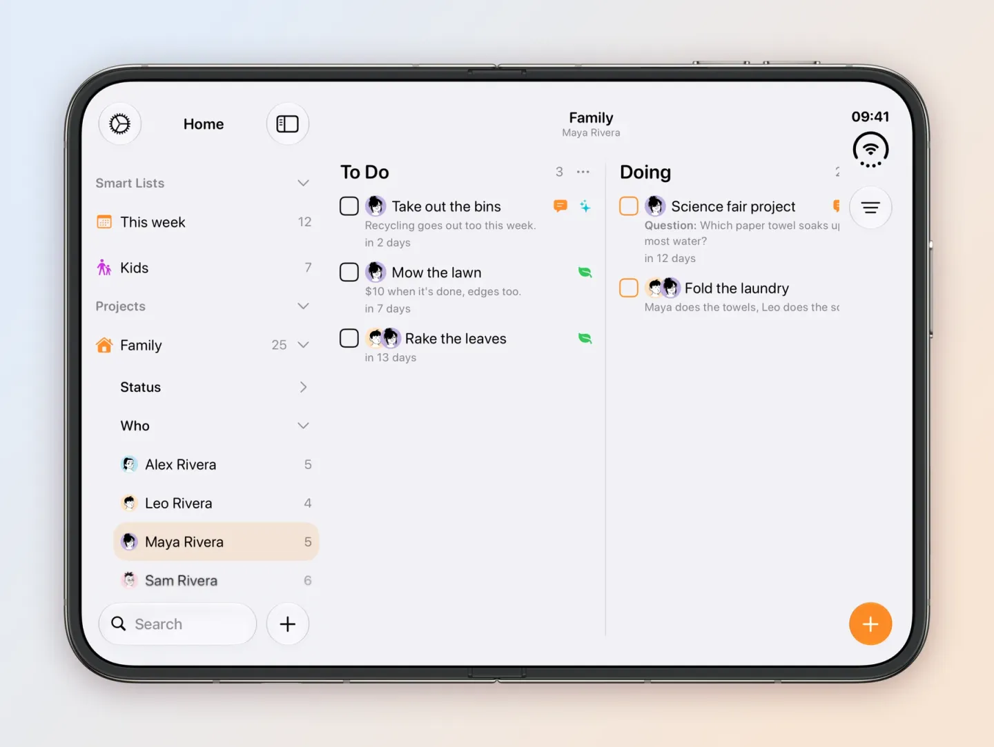 The Family board on an unfolded iPhone Duo filtered to Maya Rivera, selected under Who in the sidebar with 5 tasks. To Do holds Take out the bins in 2 days, Mow the lawn in 7 days and Rake the leaves, shared with Leo, in 13 days. Doing holds Science fair project and Fold the laundry, shared with Leo.
