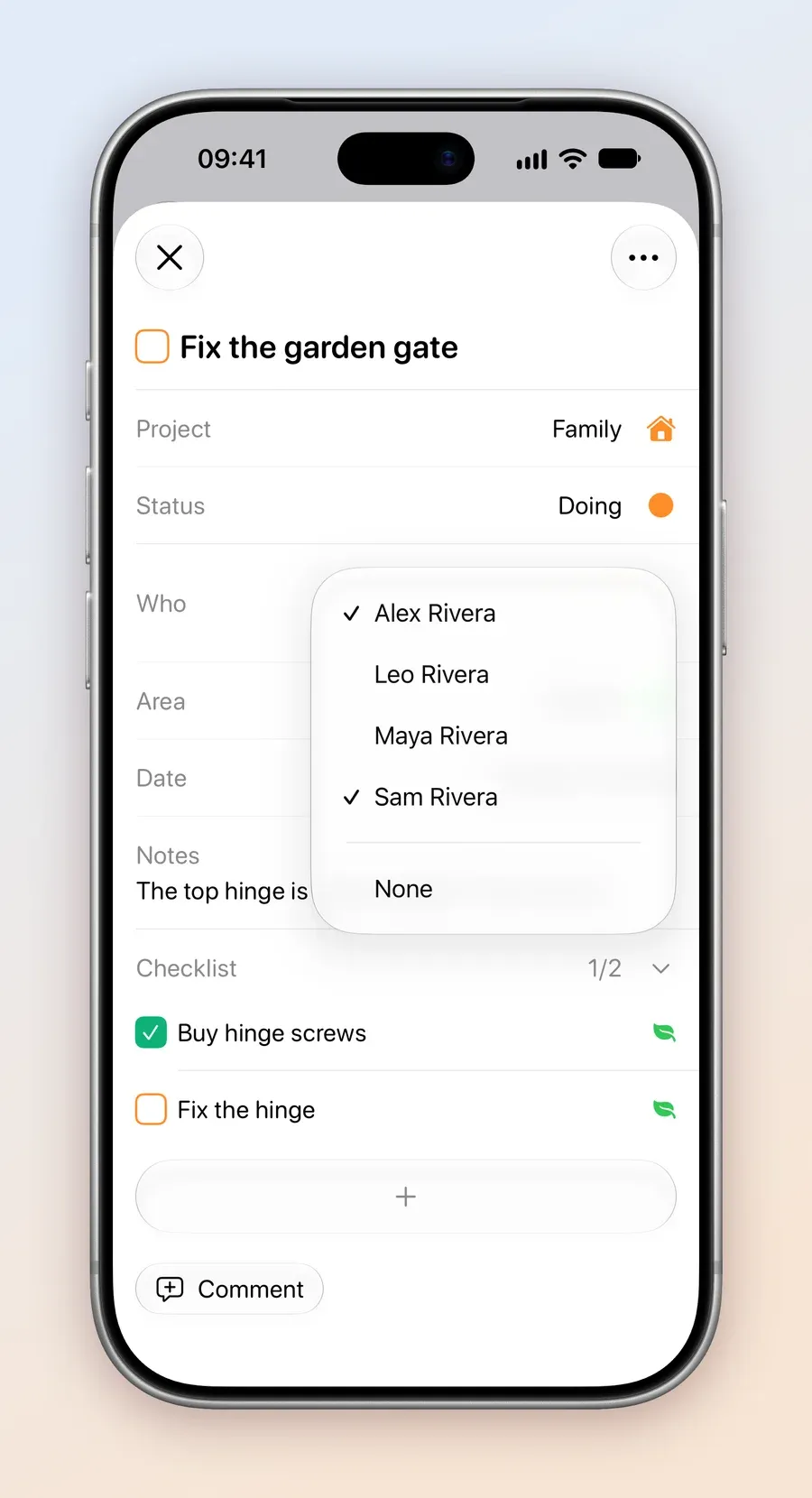 The Fix the garden gate task on iPhone, with Status Doing, Area Garden and a checklist at 1/2. The Who menu is open with Alex Rivera and Sam Rivera ticked, Leo Rivera and Maya Rivera unticked, and None.