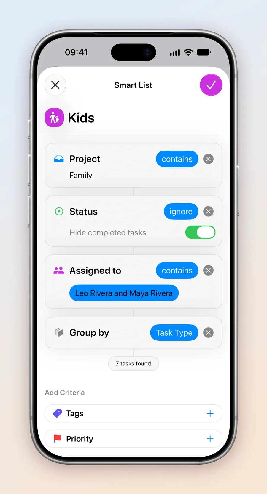 The Smart List editor for Kids on iPhone: Project contains Family, Status with Hide completed tasks on, Assigned to contains Leo Rivera and Maya Rivera, and Group by Task Type, with 7 tasks found.