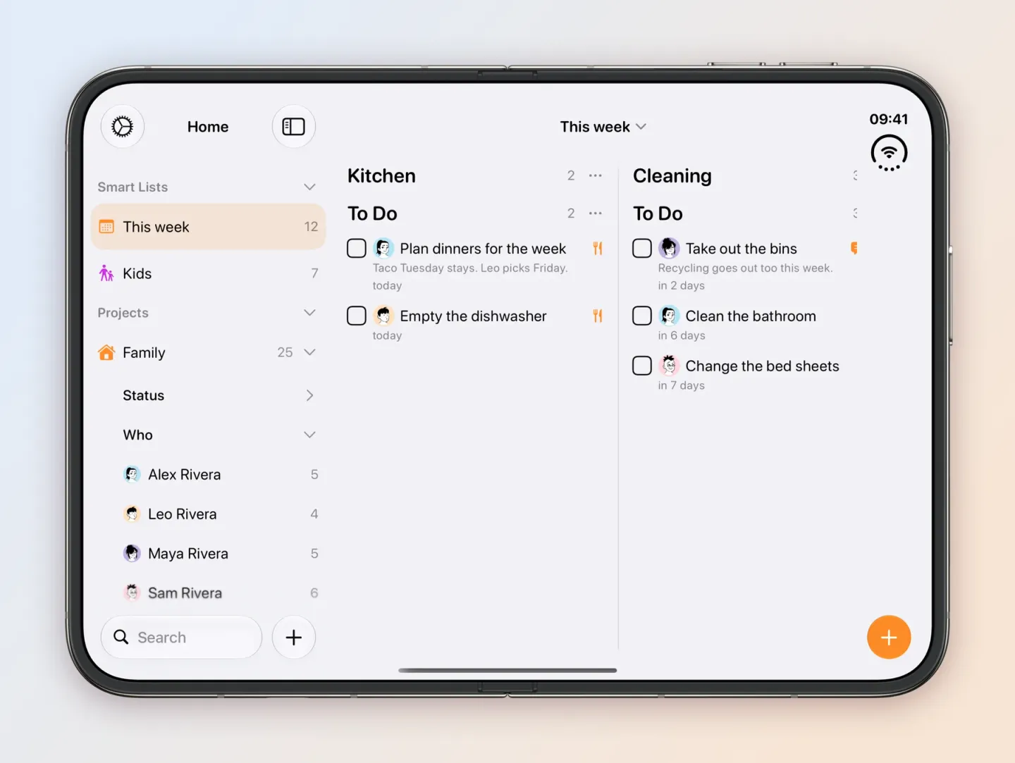 The This week Smart List on an unfolded iPhone Duo, selected in the sidebar with 12 tasks. The Kitchen column holds Plan dinners for the week and Empty the dishwasher, both today. The Cleaning column holds Take out the bins in 2 days, Clean the bathroom in 6 days and Change the bed sheets in 7 days, each with the face of who's doing it.