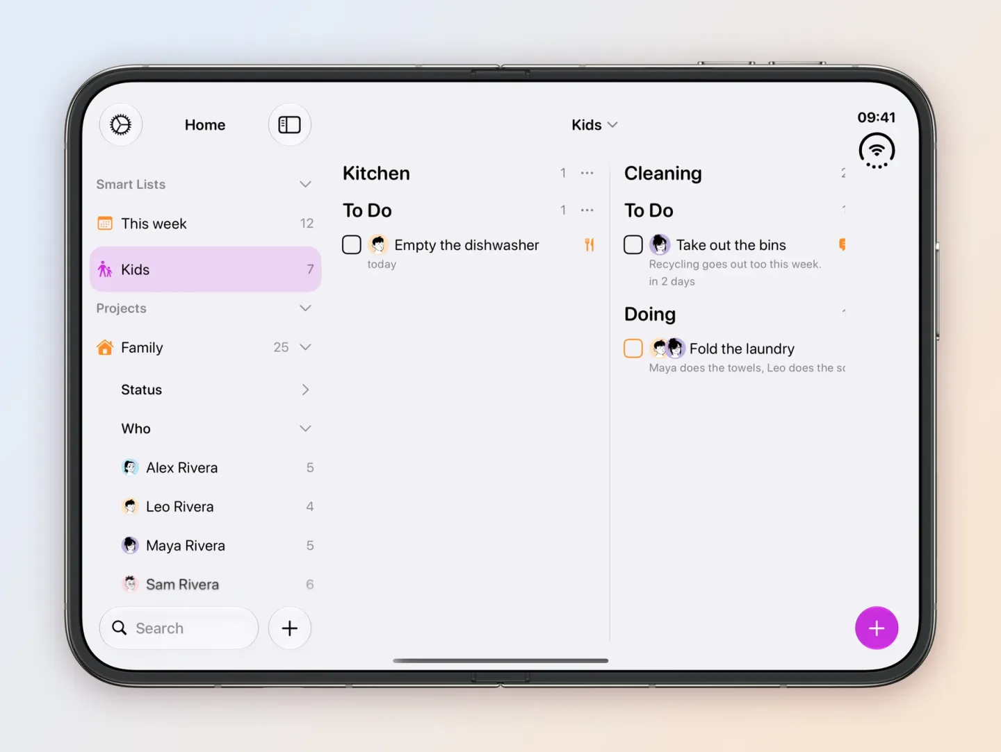 The Kids Smart List on an unfolded iPhone Duo, selected in the sidebar with 7 tasks. The Kitchen column holds Empty the dishwasher, today, for Leo. The Cleaning column holds Take out the bins for Maya under To Do and Fold the laundry for both under Doing.