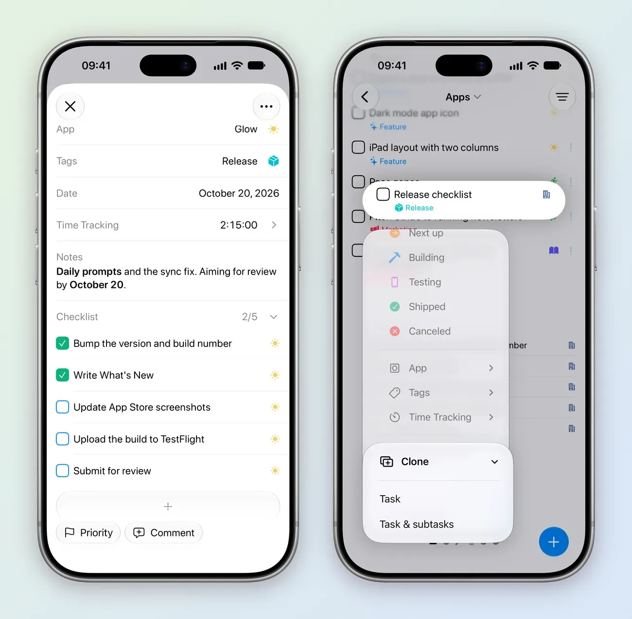 Two iPhone screens: the Glow 2.4 task with App Glow, Tags Release, Date October 20, 2026, Time Tracking 2:15:00, its notes and the Checklist at 2/5, with Bump the version and build number and Write What's New ticked and Update App Store screenshots, Upload the build to TestFlight and Submit for review still open; and Release checklist long pressed on the Apps board, with the statuses up to Canceled in the menu and Clone open, offering Task and Task & subtasks.