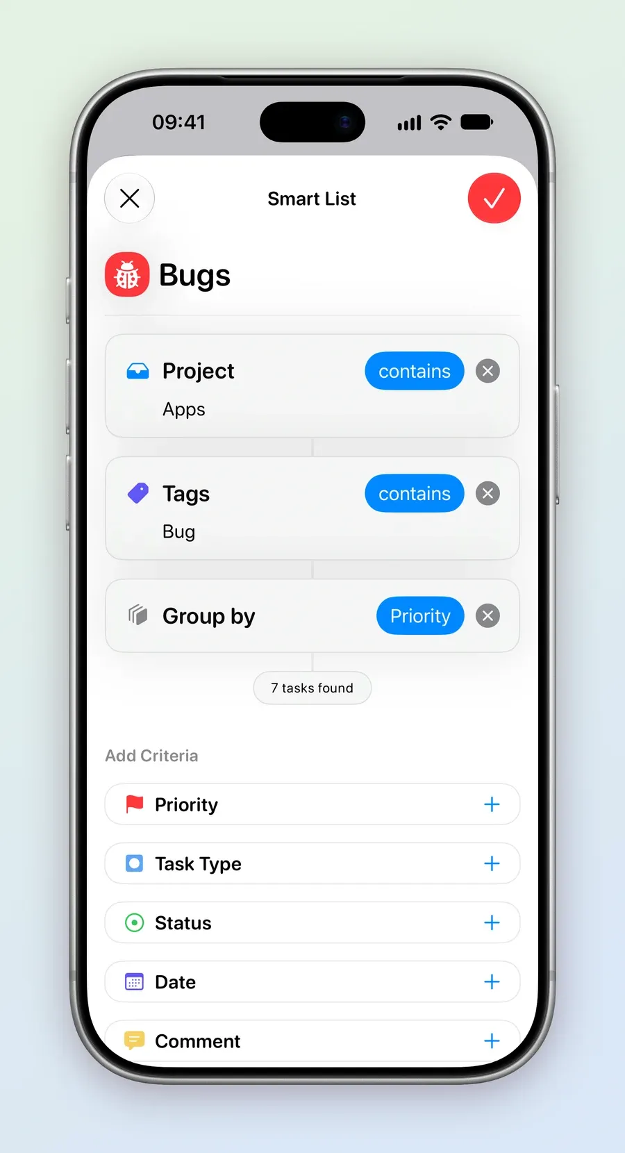The Smart List editor for Bugs on iPhone: Project contains Apps, Tags contains Bug, Group by Priority, and 7 tasks found, above Add Criteria with Priority, Task Type, Status, Date and Comment.