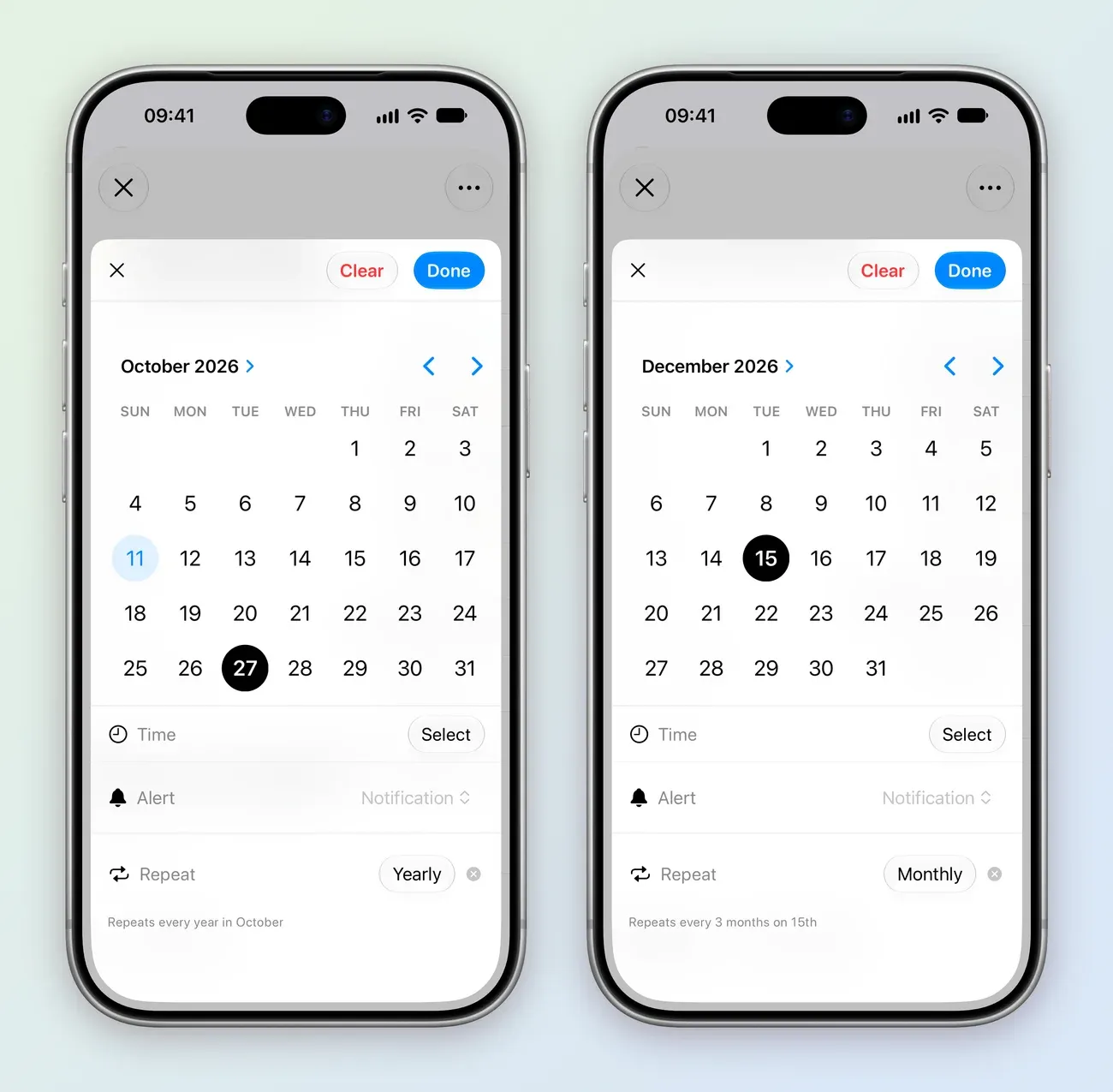 Two iPhone date sheets: Renew the Apple Developer Program on October 27, 2026, with Alert set to Notification and Repeat set to Yearly, noted Repeats every year in October; and Pay estimated taxes on December 15, 2026, with Repeat set to Monthly, noted Repeats every 3 months on 15th.
