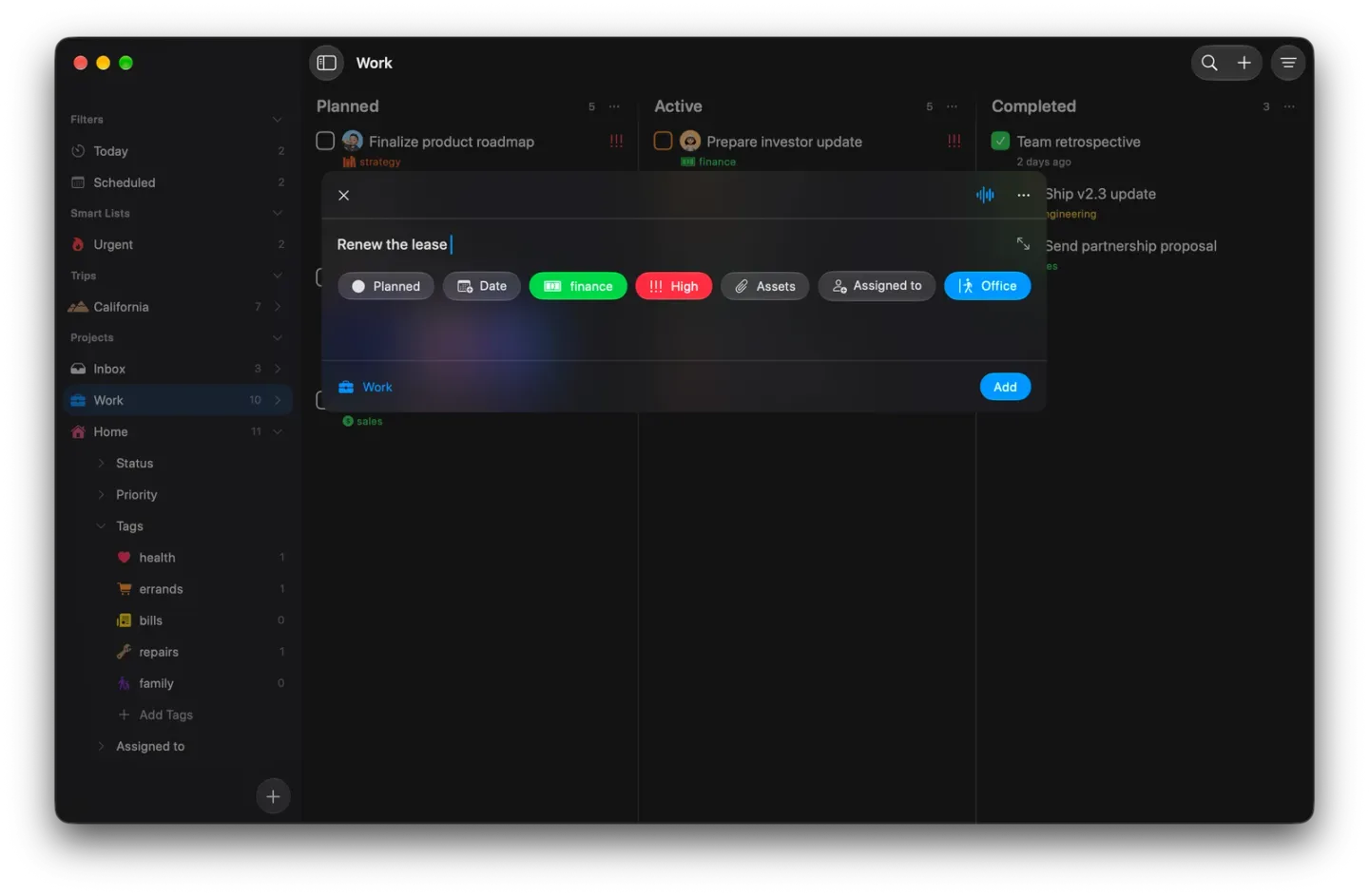 The same Mac Create Task window after applying the details: the title reads Renew the lease, and the finance tag, High priority and Office location are filled in as coloured chips.
