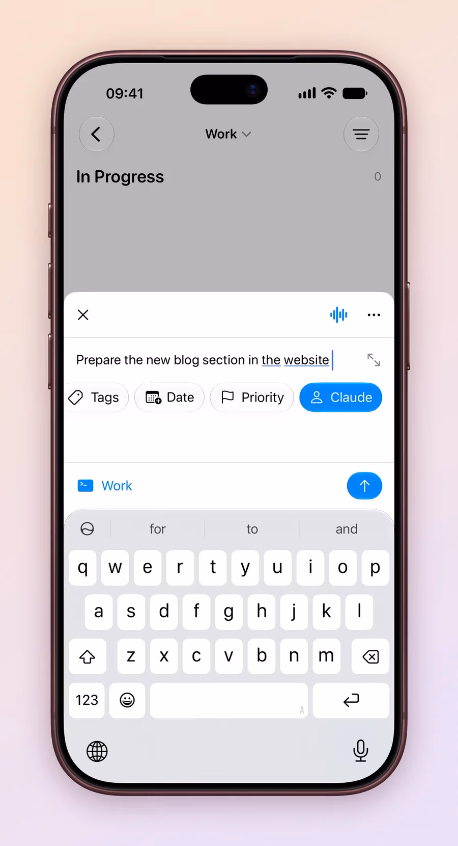 An iPhone screen creating a task in Work titled Prepare the new blog section in the website, with Claude picked as the assignee next to Tags, Date and Priority.