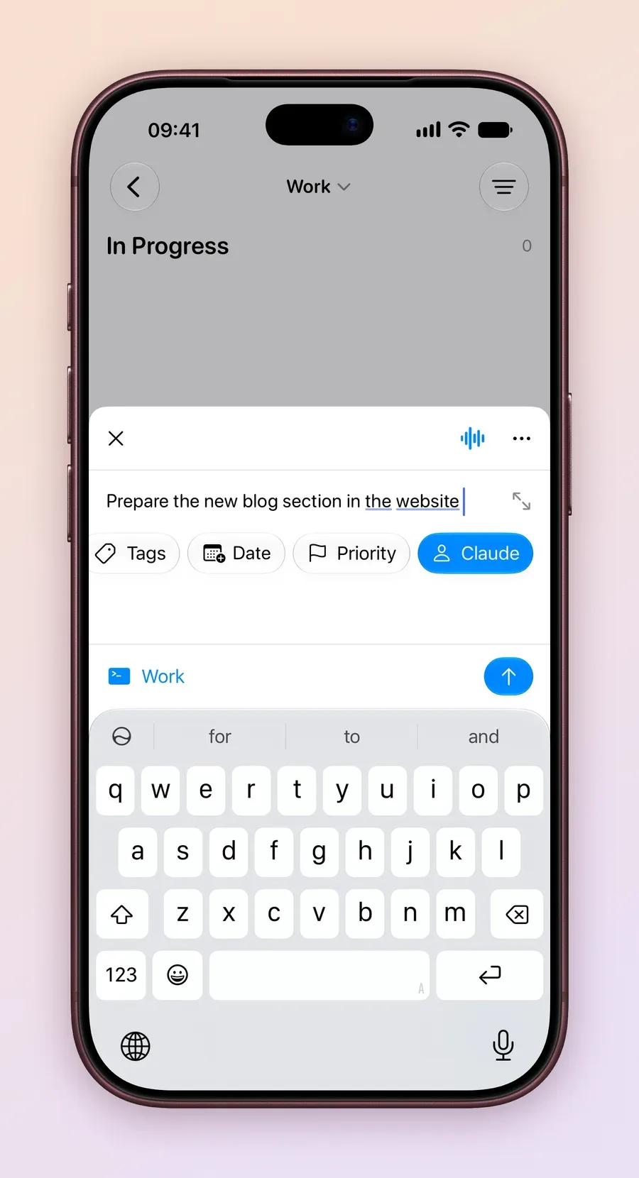 An iPhone screen creating a task in Work titled Prepare the new blog section in the website, with Claude picked as the assignee next to Tags, Date and Priority.