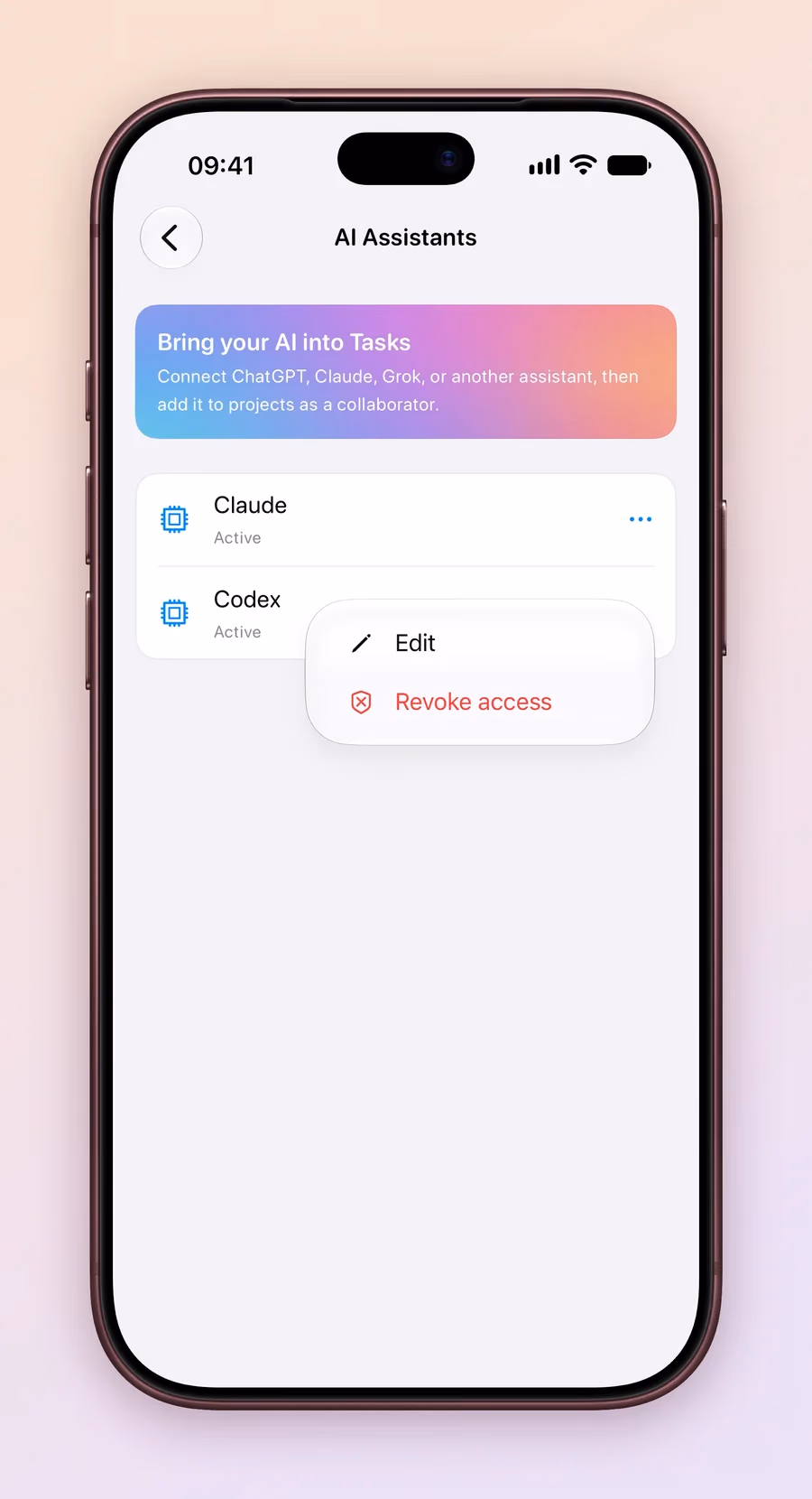 An iPhone screen of AI Assistants listing Claude and Codex as Active, with the menu for Codex open on Edit and Revoke access.