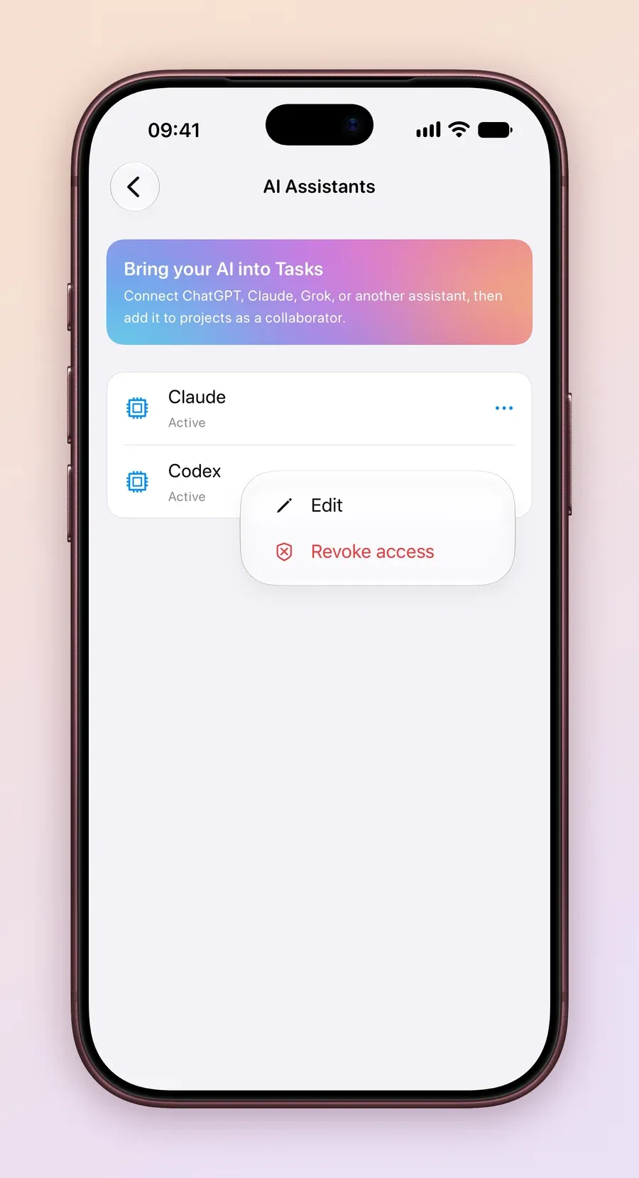 An iPhone screen of AI Assistants listing Claude and Codex as Active, with the menu for Codex open on Edit and Revoke access.