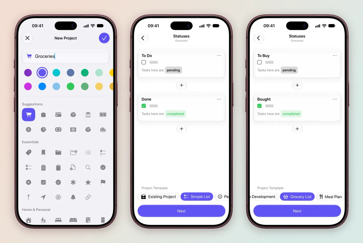 Three iPhone screens: New Project with the name Groceries, a purple colour and the shopping cart icon selected; the Statuses step for Groceries with To Do and Done cards and the Simple List template chip selected; and the same step with the Grocery List chip selected, showing To Buy and Bought.