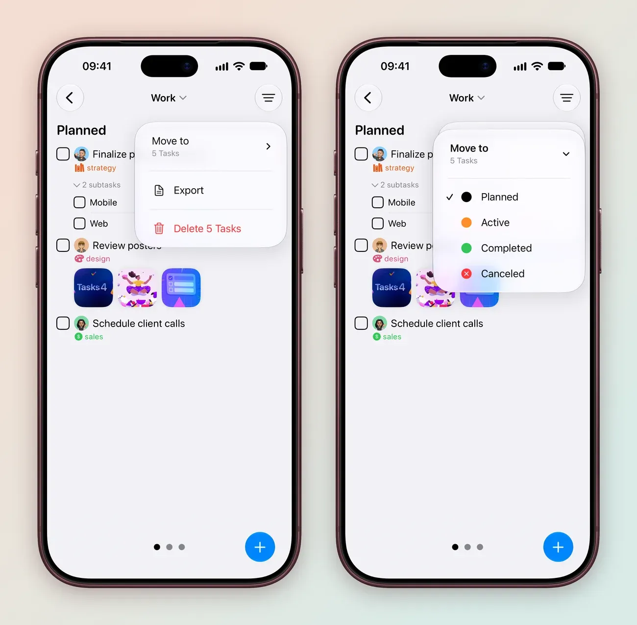 Two iPhone screens: the Planned column menu on the Work board with Move to (5 Tasks), Export and Delete 5 Tasks; and Move to opened, listing Planned (ticked), Active, Completed and Canceled.