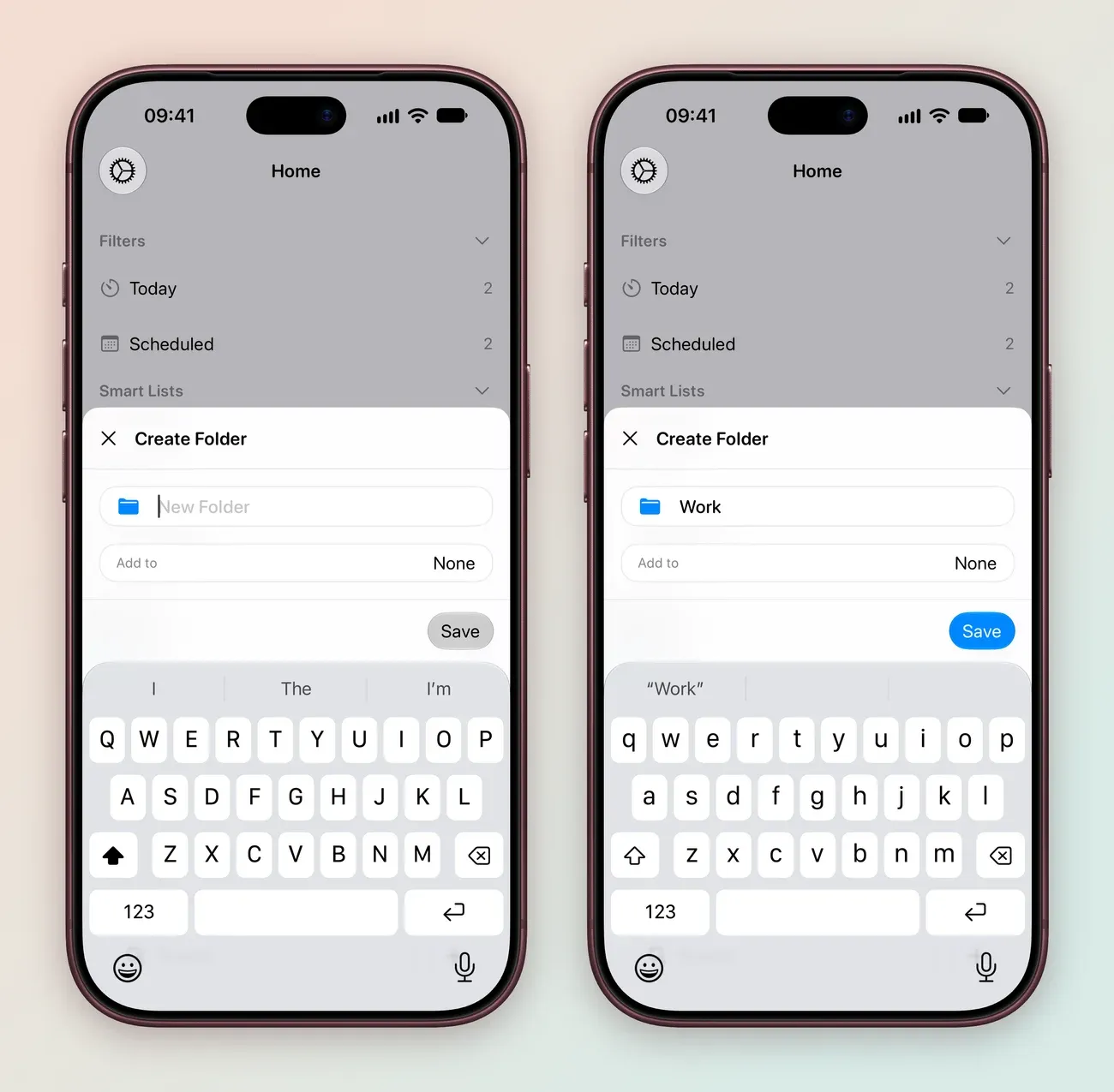Two iPhone screens: Create Folder over the Home screen with an empty New Folder name, Add to set to None and Save dimmed; and the same sheet with the name Work typed and Save enabled.