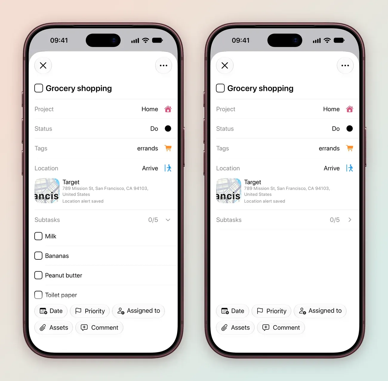Two iPhone screens: Grocery shopping open in the Home project with status Do, the errands tag, an Arrive location alert at Target on Mission St in San Francisco, and Subtasks 0/5 expanded to Milk, Bananas, Peanut butter and Toilet paper; and the same task with the Subtasks row folded.