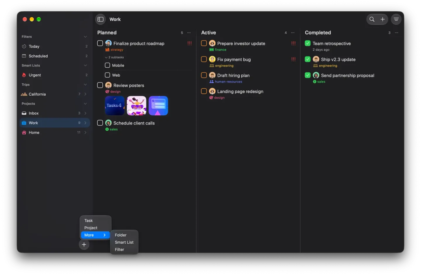 Tasks on Mac showing the Work board, with the add menu open at the bottom of the sidebar on Task, Project and More, and the More submenu offering Folder, Smart List and Filter.