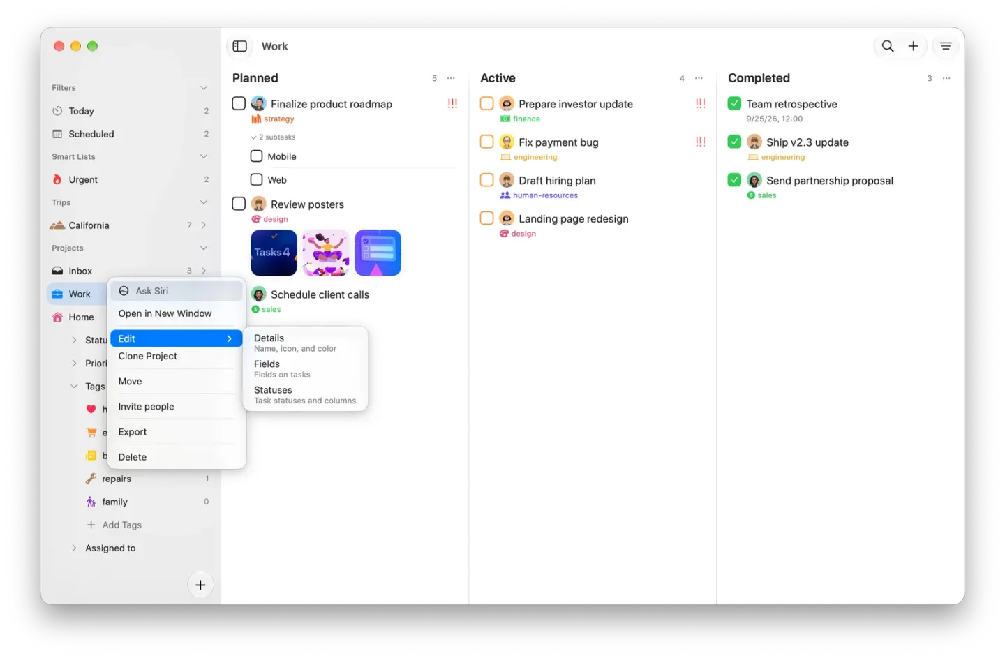 Tasks on Mac in light mode with Work right clicked in the sidebar, showing Open in New Window, Edit, Clone Project, Move, Invite people, Export and Delete, and the Edit submenu open on Details, Fields and Statuses.