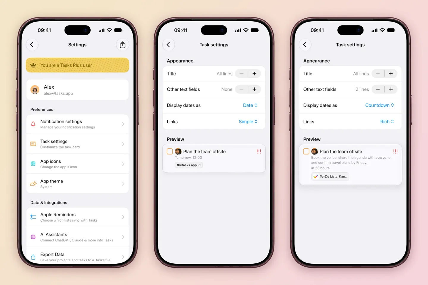 Three iPhone screens: Settings for Alex with the Tasks Plus banner and Preferences listing Notification settings, Task settings, App icons and App theme; Task settings with Title on All lines, Other text fields on None, Display dates as Date and Links on Simple, and a Preview of Plan the team offsite due Tomorrow, 12:00 with a thetasks.app link; and Task settings with Other text fields on 2 lines, Countdown dates and Rich links, so the preview shows the note, in 23 hours and a rich link.