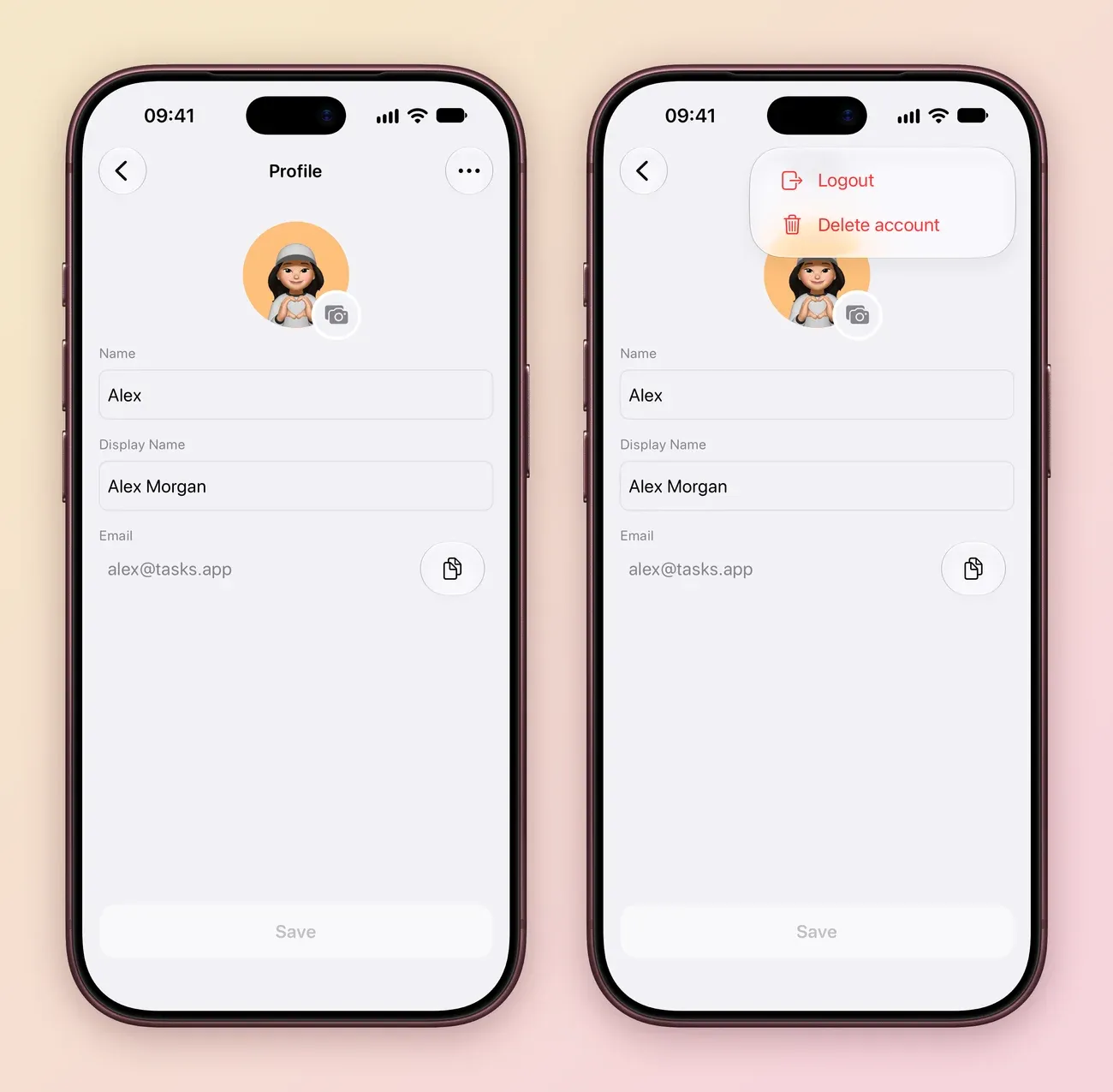 Two iPhone screens: the Profile screen for Alex with a photo and camera button, Name Alex, Display Name Alex Morgan, the email alex@tasks.app with a copy button and a Save button; and the same screen with the more menu open on Logout and Delete account.