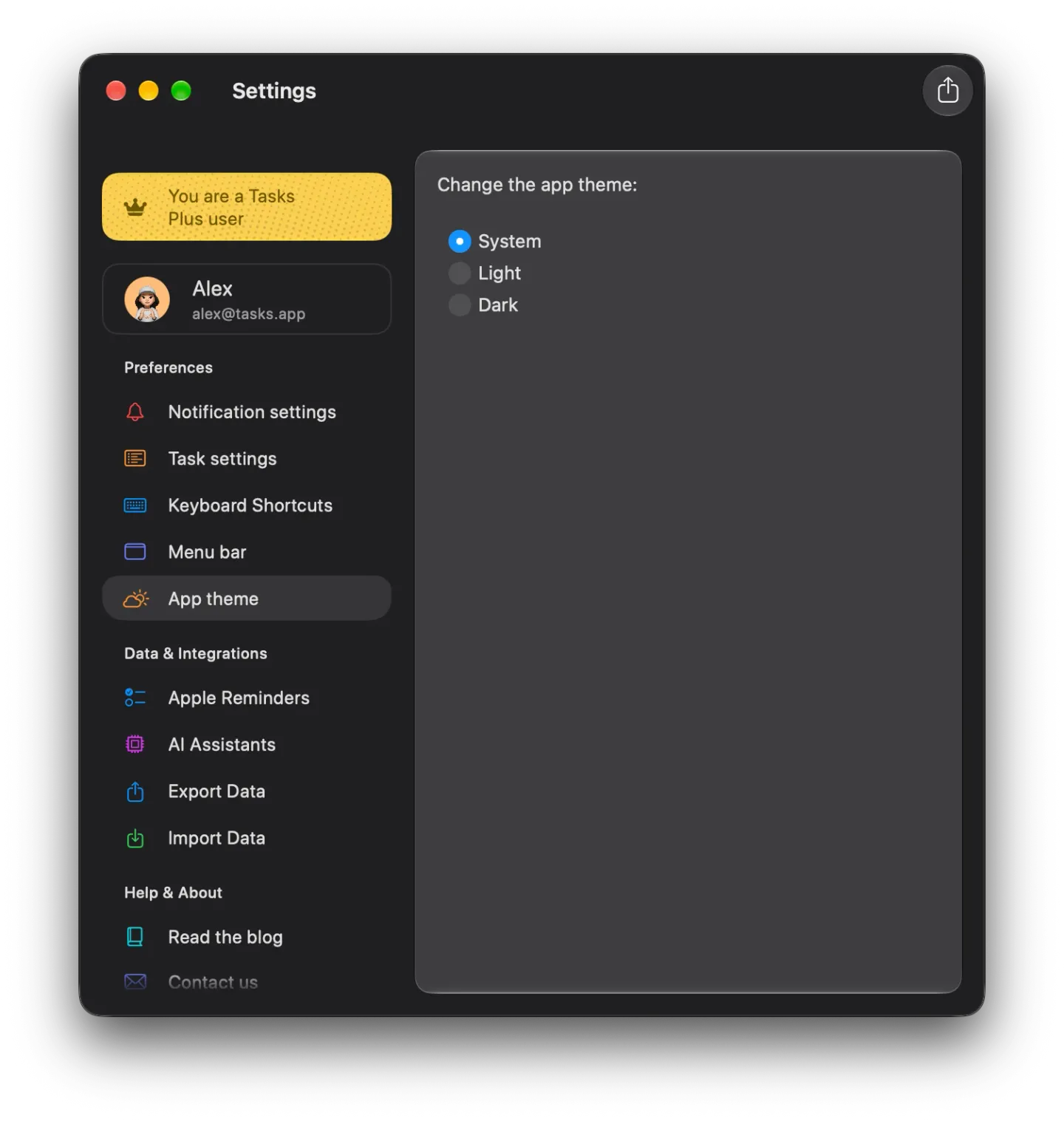 The Tasks Settings window on Mac in dark mode with App theme selected, showing Change the app theme with System chosen and Light and Dark below.