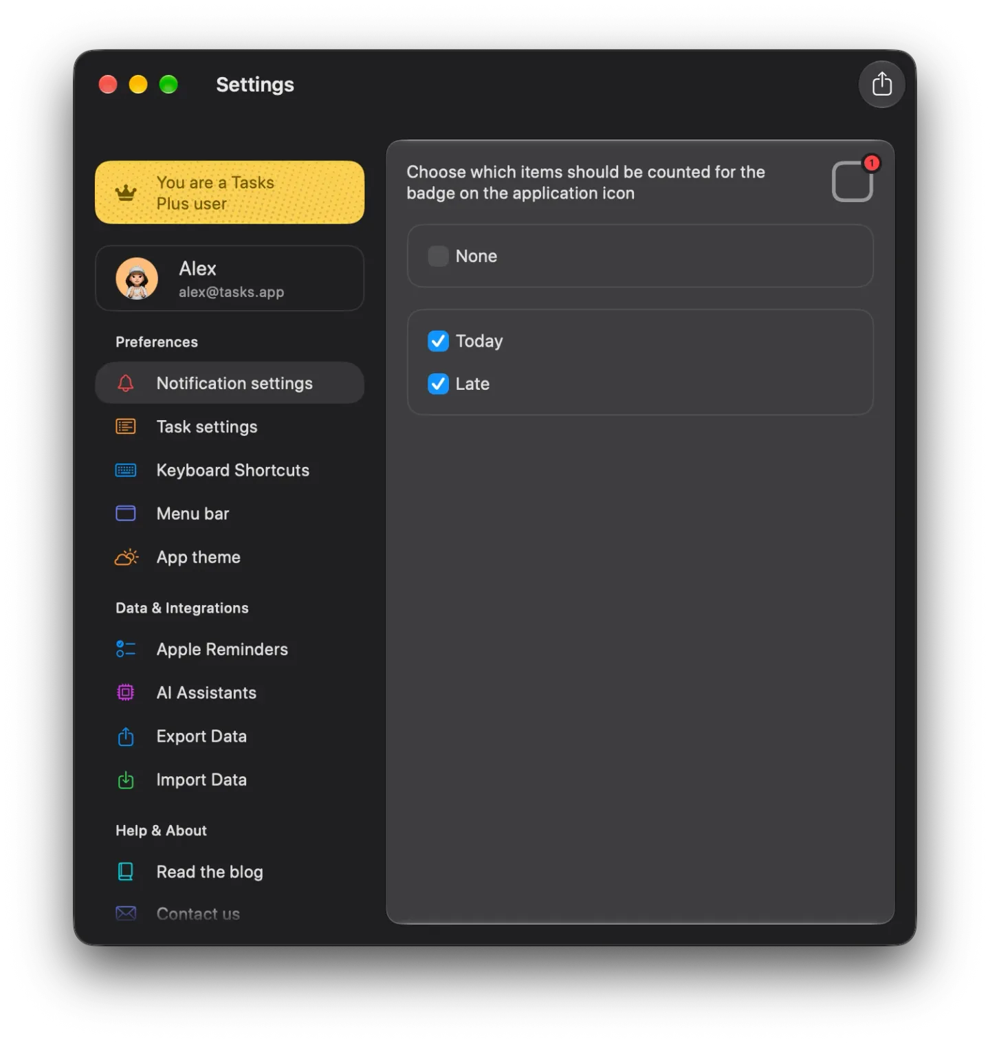 The Tasks Settings window on Mac in dark mode with Notification settings selected, showing the badge options None unchecked and Today and Late checked.