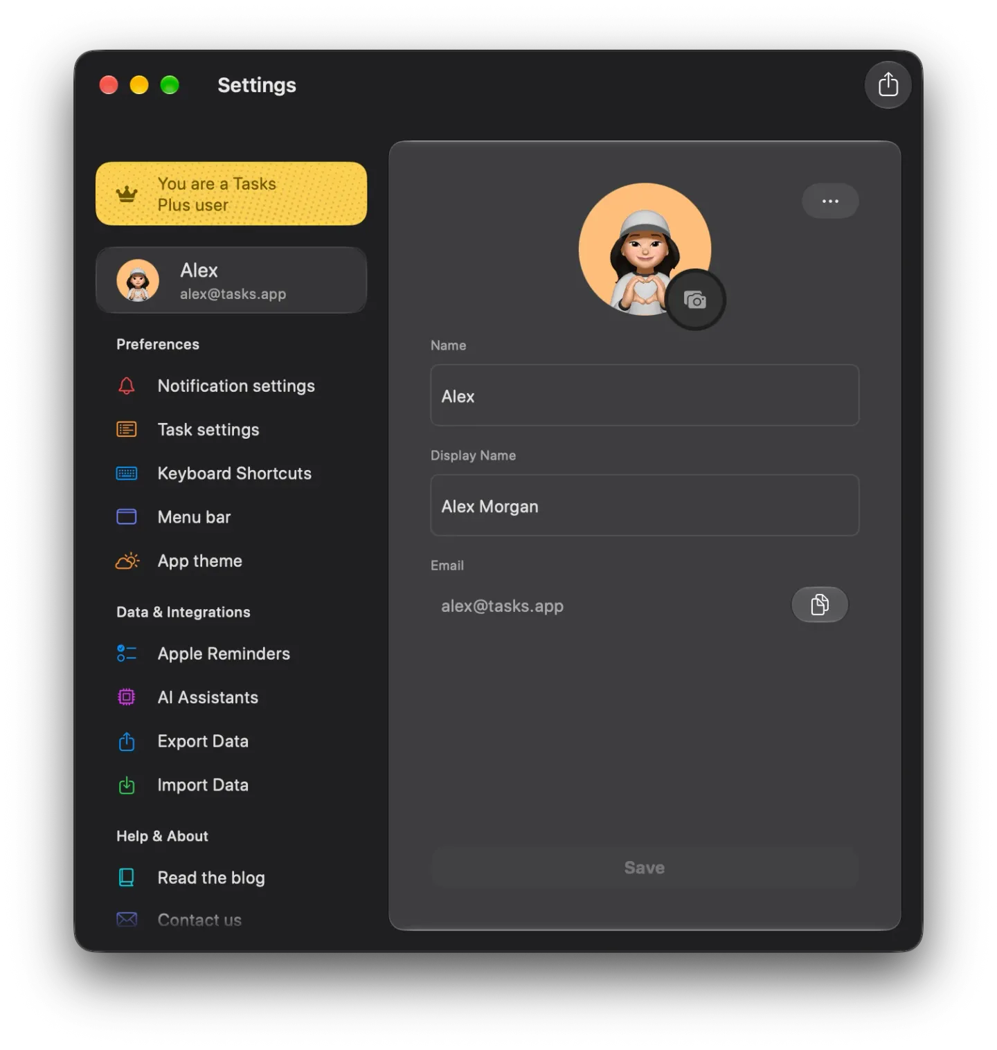 The Tasks Settings window on Mac in dark mode with Alex selected, showing the profile photo with a camera button, Name Alex, Display Name Alex Morgan, the email alex@tasks.app with a copy button, a more button and Save.