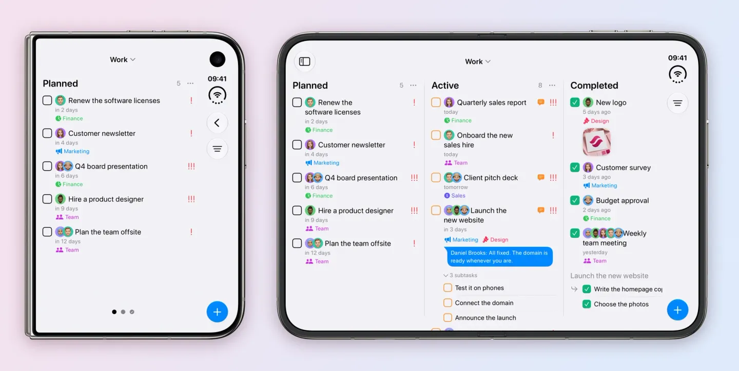Tasks on an iPhone Duo, folded and unfolded. Folded, the outer screen shows the Work board's Planned column with Renew the software licenses, Customer newsletter, Q4 board presentation, Hire a product designer and Plan the team offsite, each with its owner's face and tag. Unfolded, the inner screen shows Planned, Active and Completed side by side, with Quarterly sales report, Onboard the new sales hire, Client pitch deck and Launch the new website in Active, a comment from Daniel Brooks under it, and New logo, Customer survey, Budget approval and Weekly team meeting in Completed.