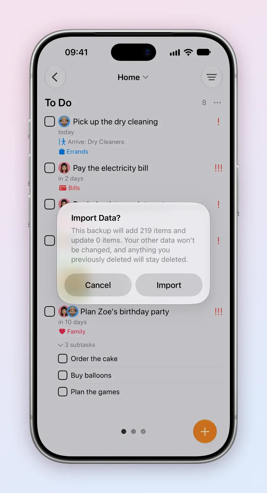 An iPhone showing an Import Data? alert over the Home board: This backup will add 219 items and update 0 items. Your other data won't be changed, and anything you previously deleted will stay deleted. Cancel and Import buttons.