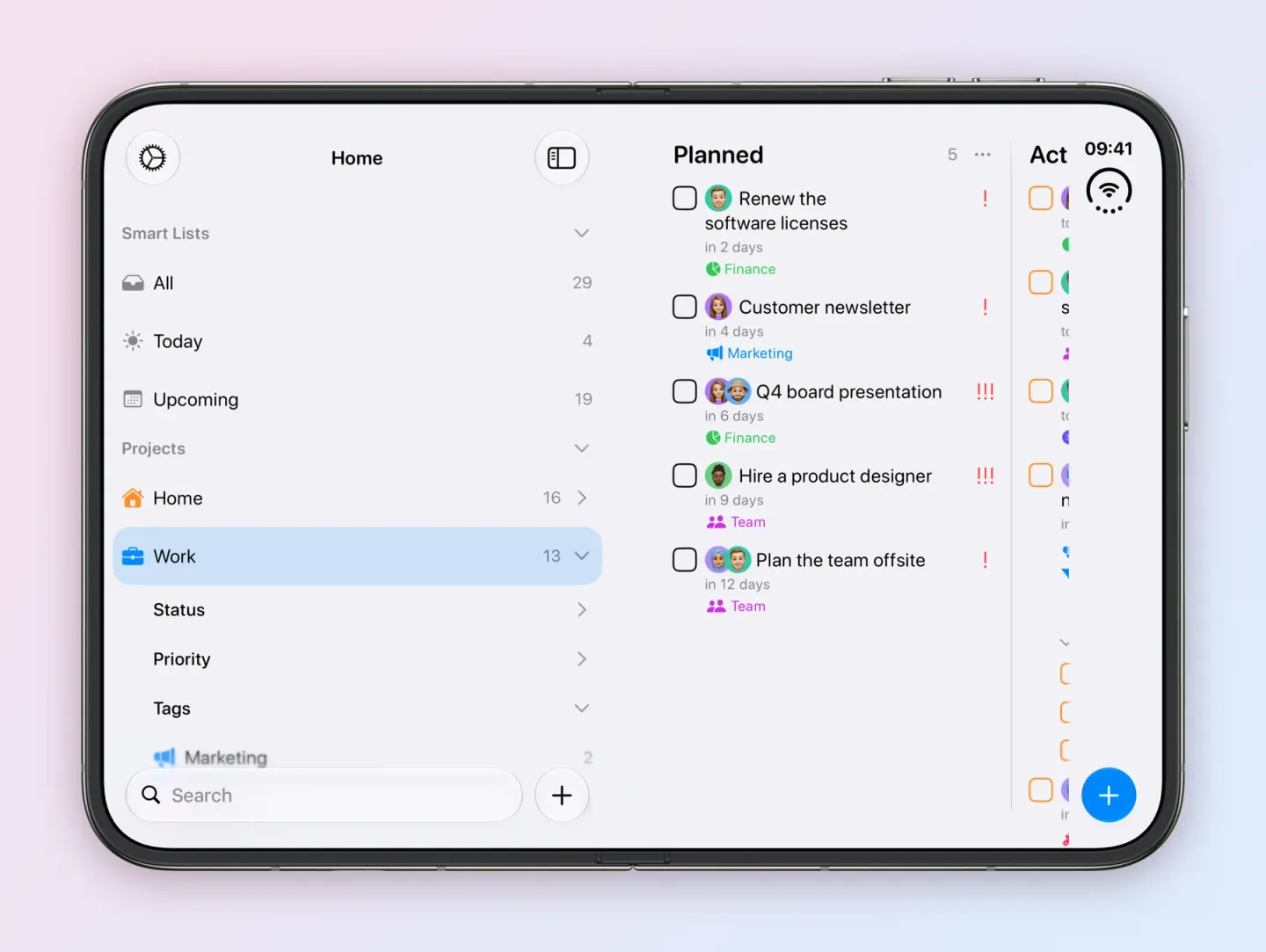 Tasks on an unfolded iPhone Duo in landscape. The sidebar lists the Smart Lists All, Today and Upcoming, then the Home and Work projects, with Work selected and expanded to Status, Priority and Tags. Beside it, the Work board shows the Planned column with Renew the software licenses, Customer newsletter, Q4 board presentation, Hire a product designer and Plan the team offsite.