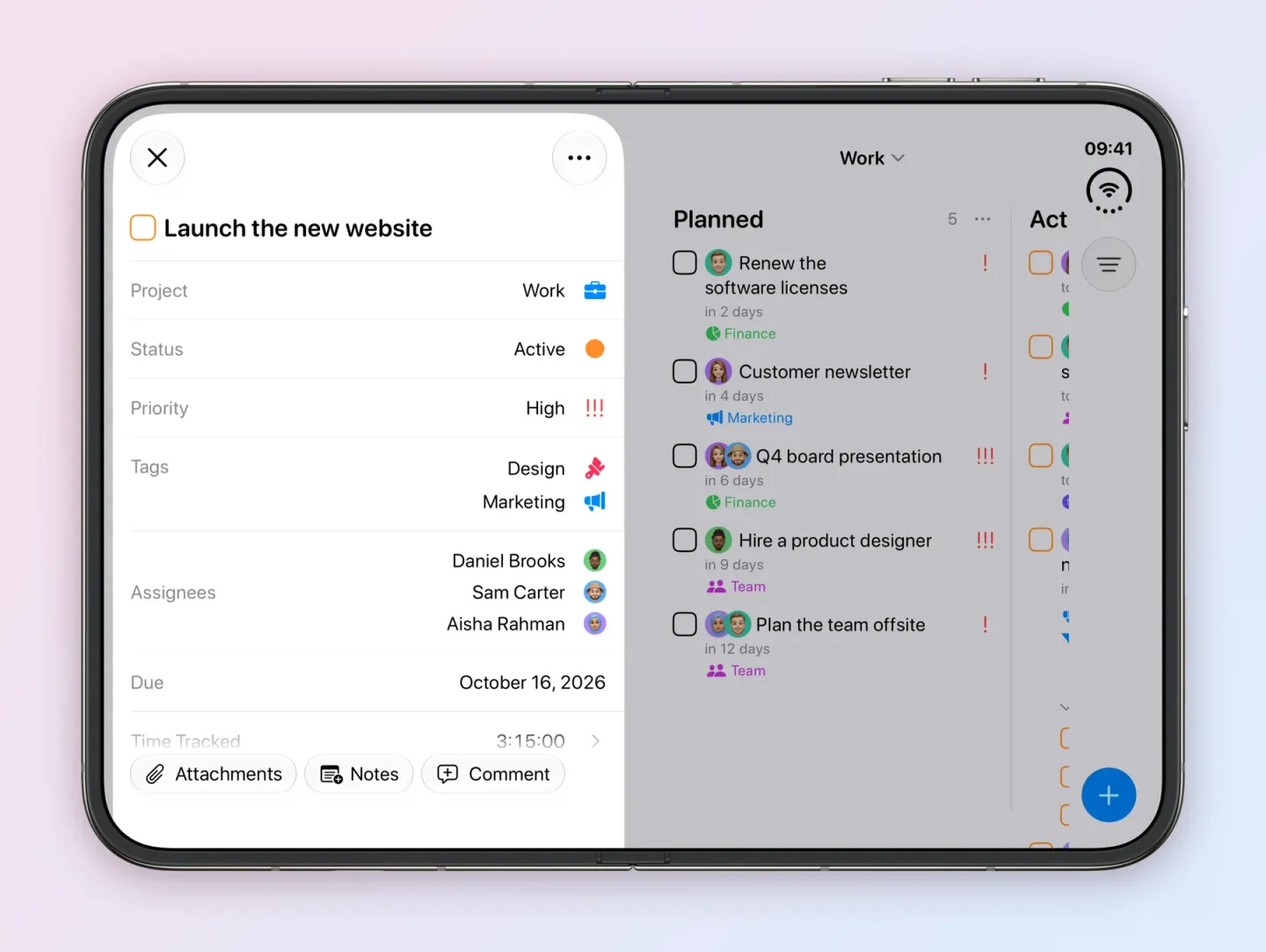An unfolded iPhone Duo with Launch the new website open on the left, showing Project Work, Status Active, Priority High, the Design and Marketing tags, the assignees Daniel Brooks, Sam Carter and Aisha Rahman, a due date of October 16, 2026, 3:15:00 tracked, and Attachments, Notes and Comment buttons. The Work board stays visible on the right.