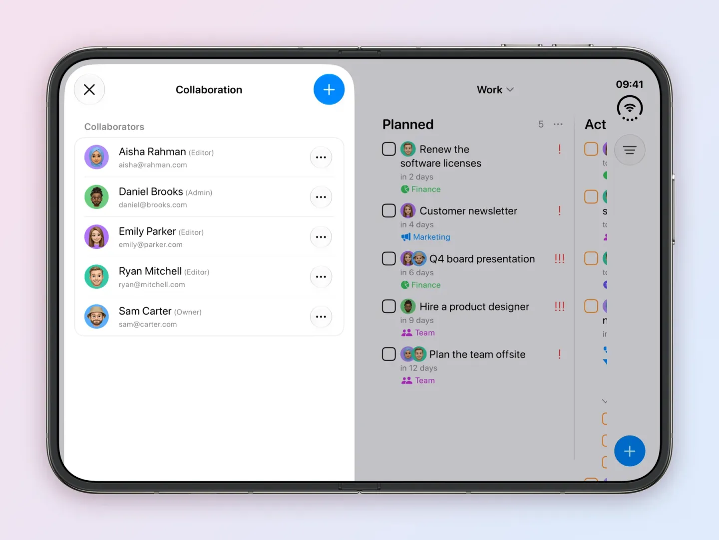 An unfolded iPhone Duo showing the Collaboration screen for Work beside the board. Under Collaborators: Aisha Rahman, Editor; Daniel Brooks, Admin; Emily Parker, Editor; Ryan Mitchell, Editor; and Sam Carter, Owner, each with an email address and a menu button, and a + button at the top.