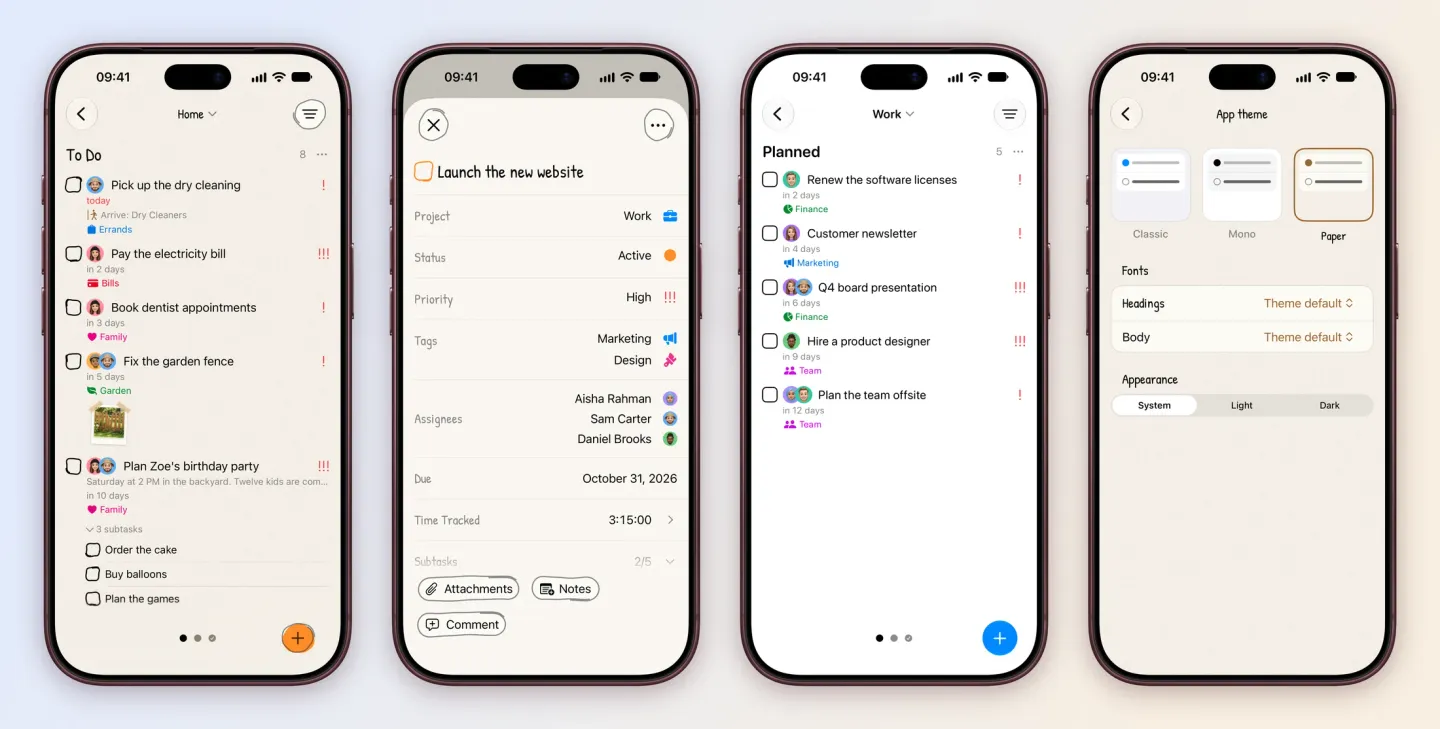 Four iPhone screens: the Home board in the Paper theme with handwritten headings on a paper texture; Launch the new website open in Paper; the Work board in the Mono theme; and App theme with Classic, Mono and Paper, Paper selected, Fonts for Headings and Body, and Appearance set to System.