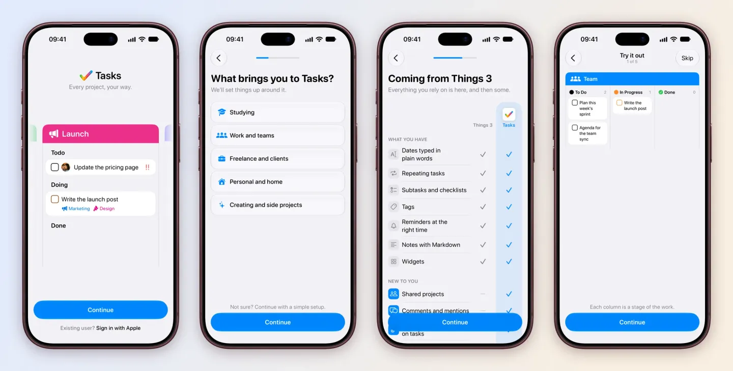 Four iPhone screens of the new onboarding: the welcome screen with a Launch board of To Do, Doing and Done cards and a Continue button; What brings you to Tasks? with Studying, Work and teams, Freelance and clients, Personal and home, and Creating and side projects; Coming from Things 3, comparing what Things 3 and Tasks each have; and Try it out, step 1 of 5, with a Team board of To Do, In Progress and Done.