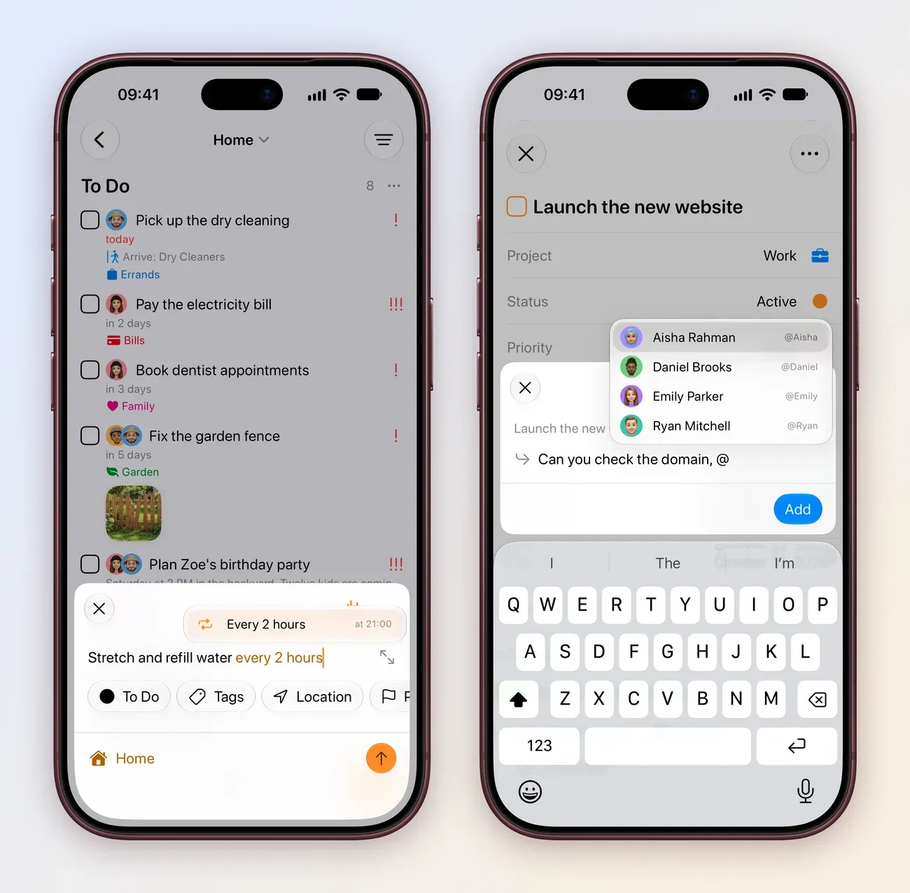Two iPhone screens: Create Task over the Home board with Stretch and refill water every 2 hours typed in and a suggestion reading Every 2 hours; and a comment on Launch the new website reading Can you check the domain, @ with Aisha Rahman, Daniel Brooks, Emily Parker and Ryan Mitchell listed to mention.